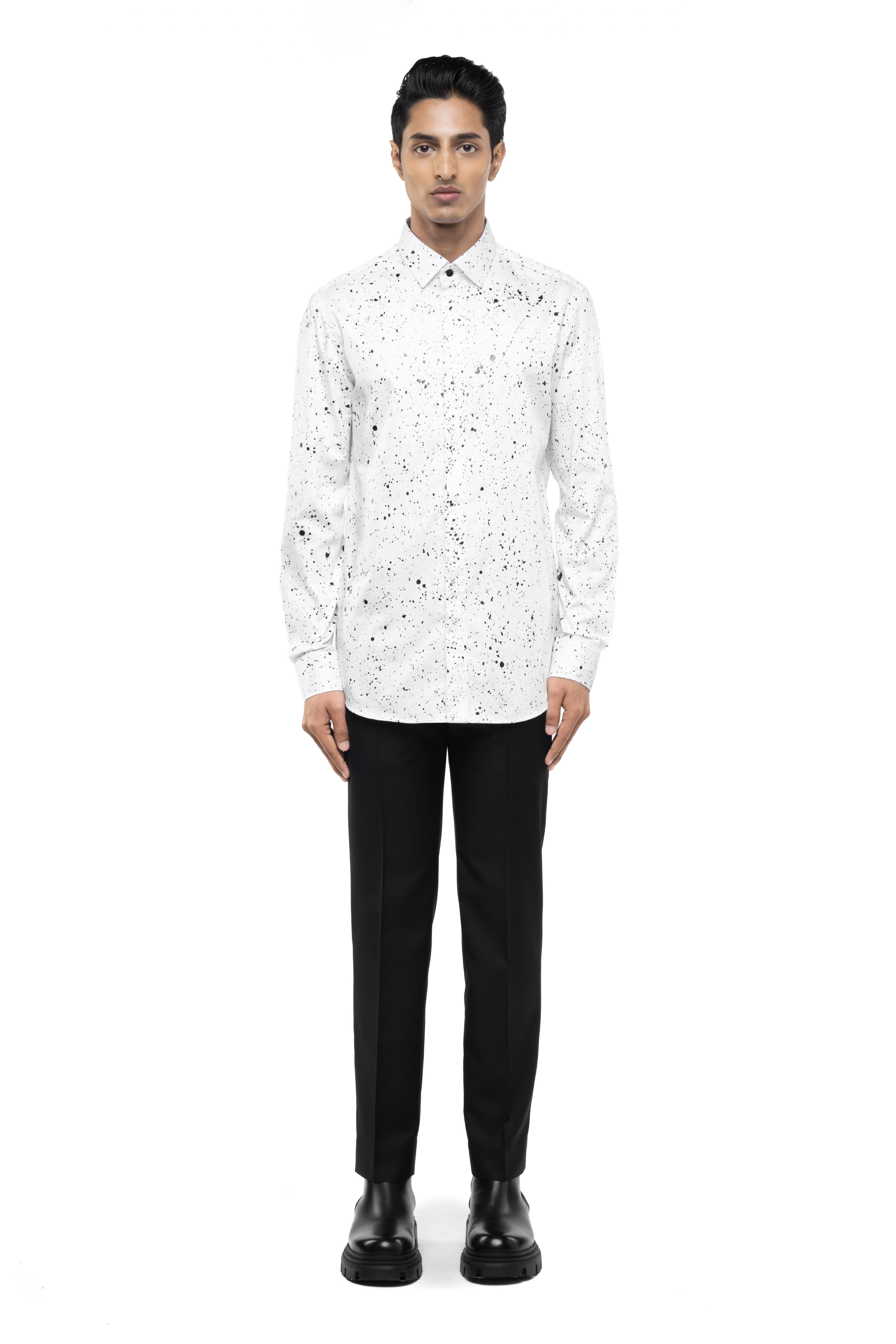 White Cotton Shirt with Black Paint Splatter
