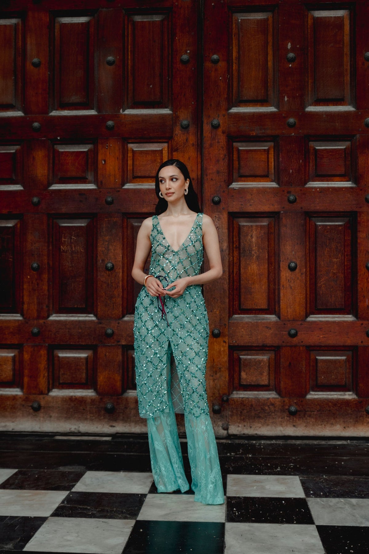 Zardosi Embroidery, Semi Sheer Fabric & French Lace, Tunic Pant Set, Relaxed SilhouetteZardosi Embroidery, Lace & Tulle, Crop Skirt Set, Flared Silhouette