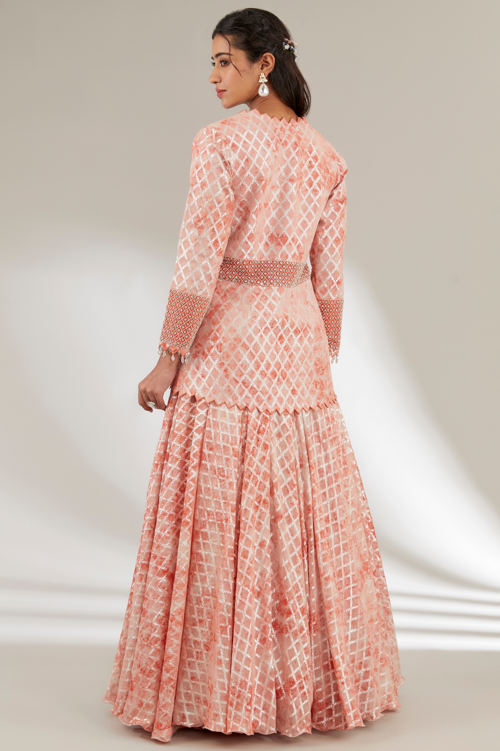 Rust Orange Embroidered Amara Jacket Set with Flared Skirt