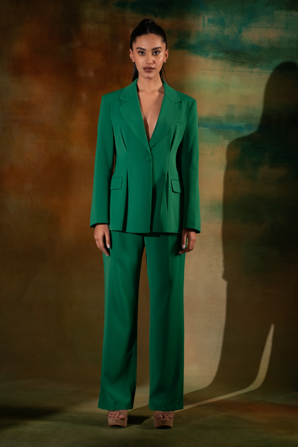Grace Green Silk Crepe Co-ord Set with Power Shoulders