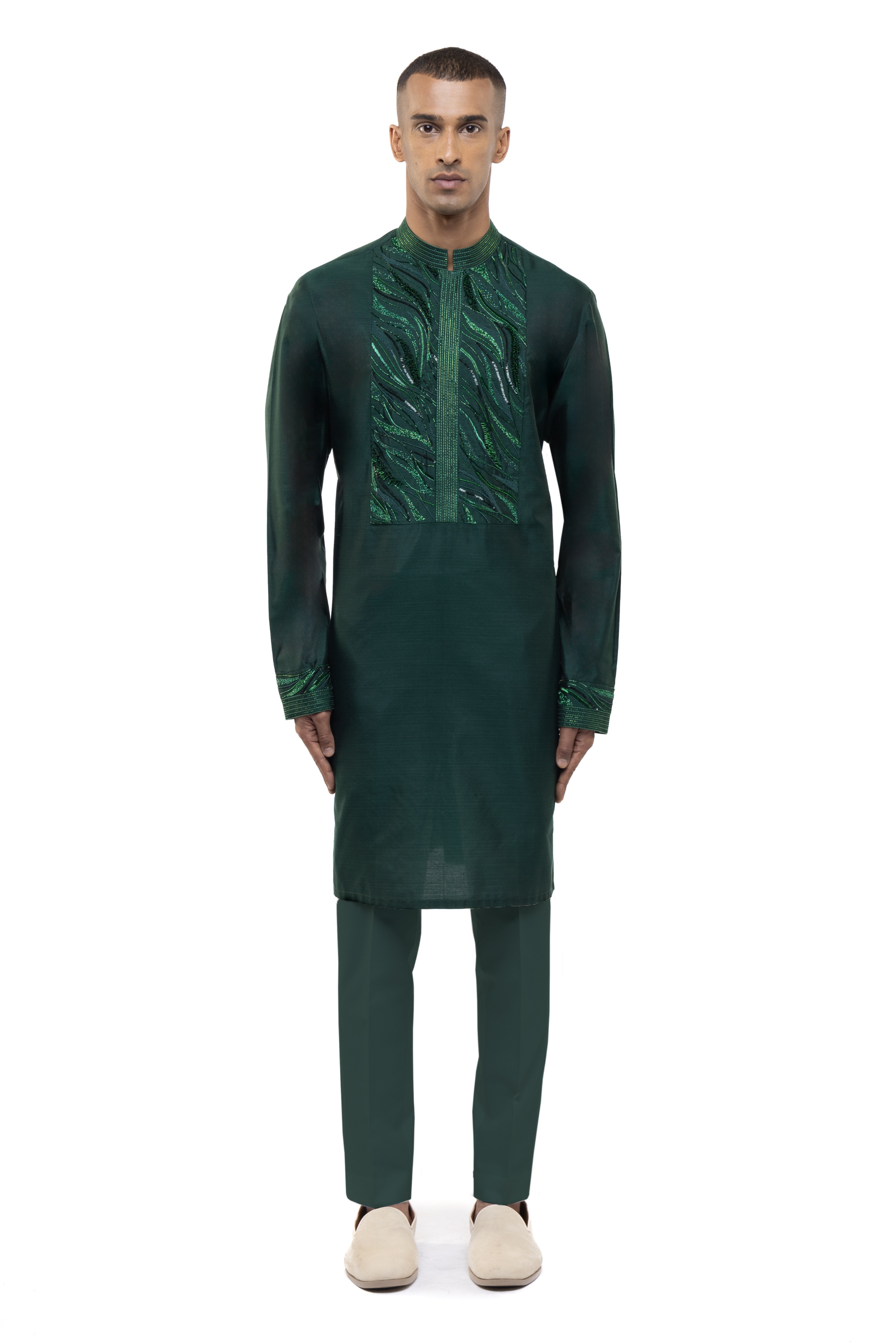 Green Silk Geometric Waves Embellished Kurta Set
