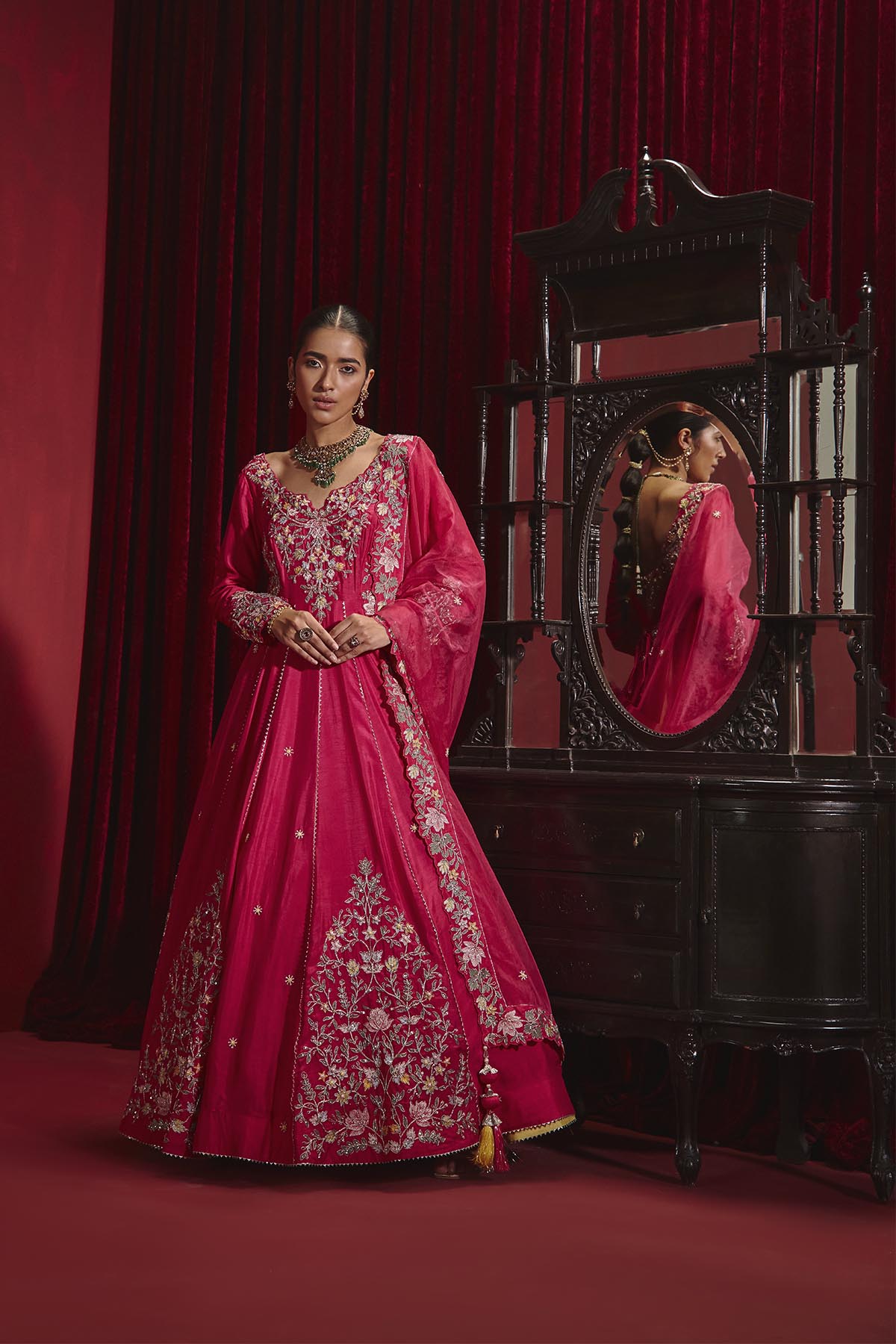 Rani Pink Embroidered Dupion Silk Anarkali Set for Weddings