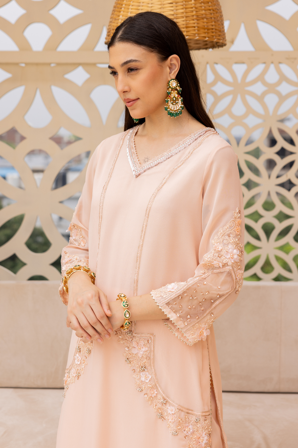 Peach Bhavya Embroidered Georgette Kurta Set with Plazzo