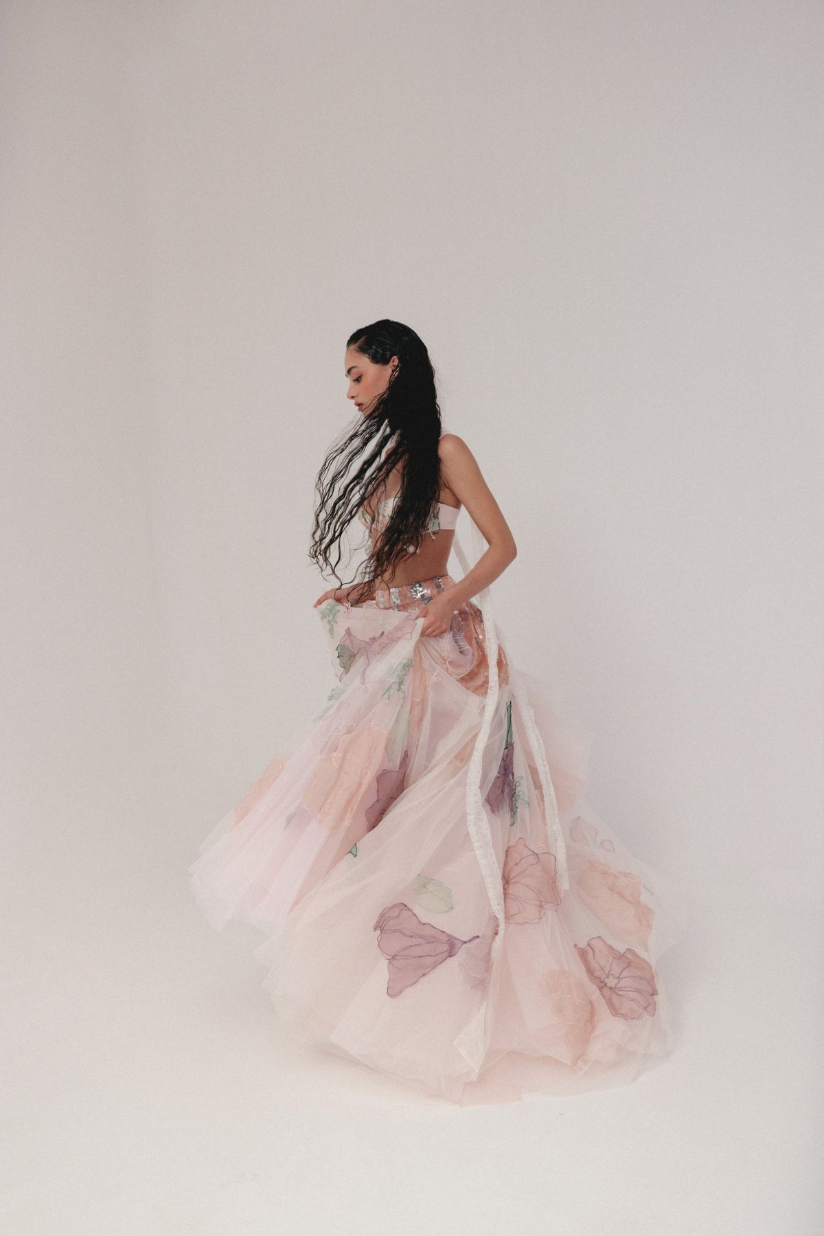 Beaded & Sequin Embroidery, Silk & Soft Tulle with French Lace, Skirt Set, Bralette Silhouette