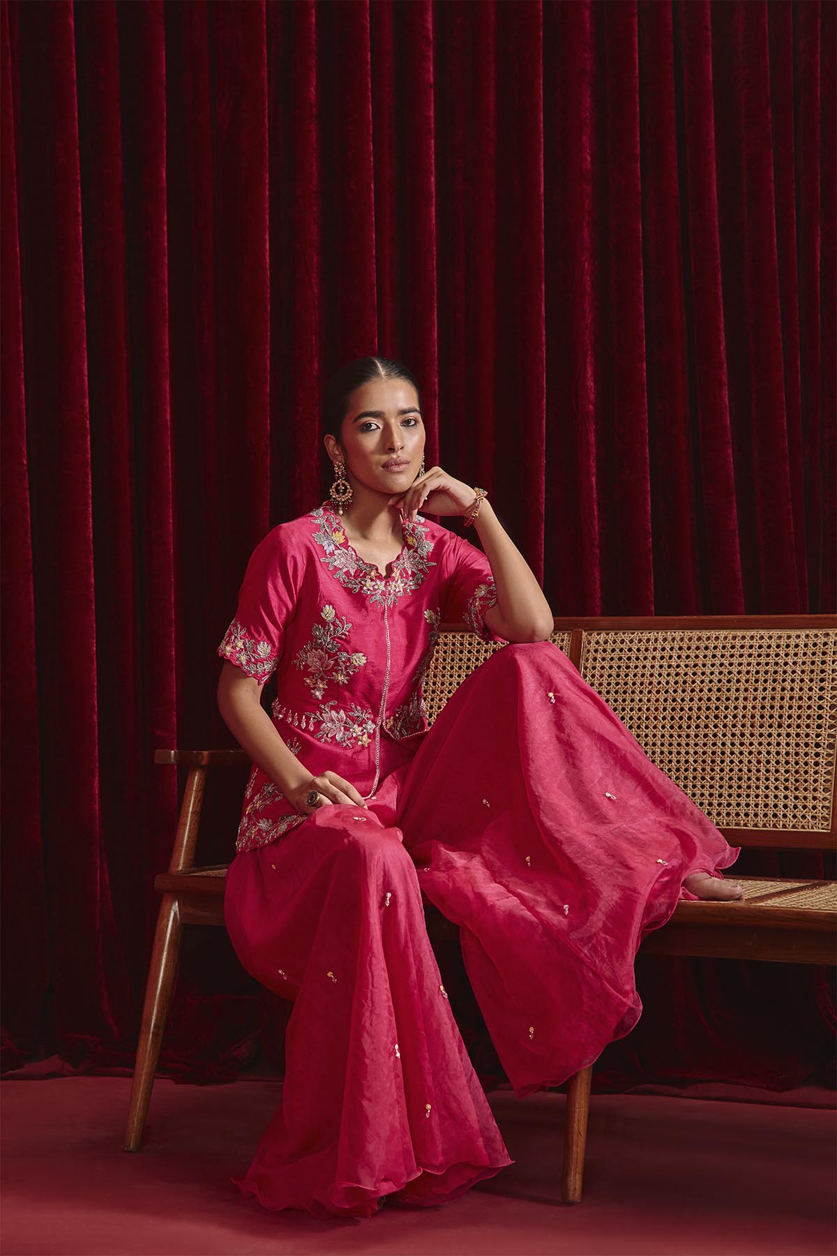 Rani Pink Embroidered A-Line Jacket with Beadwork Sharara Set