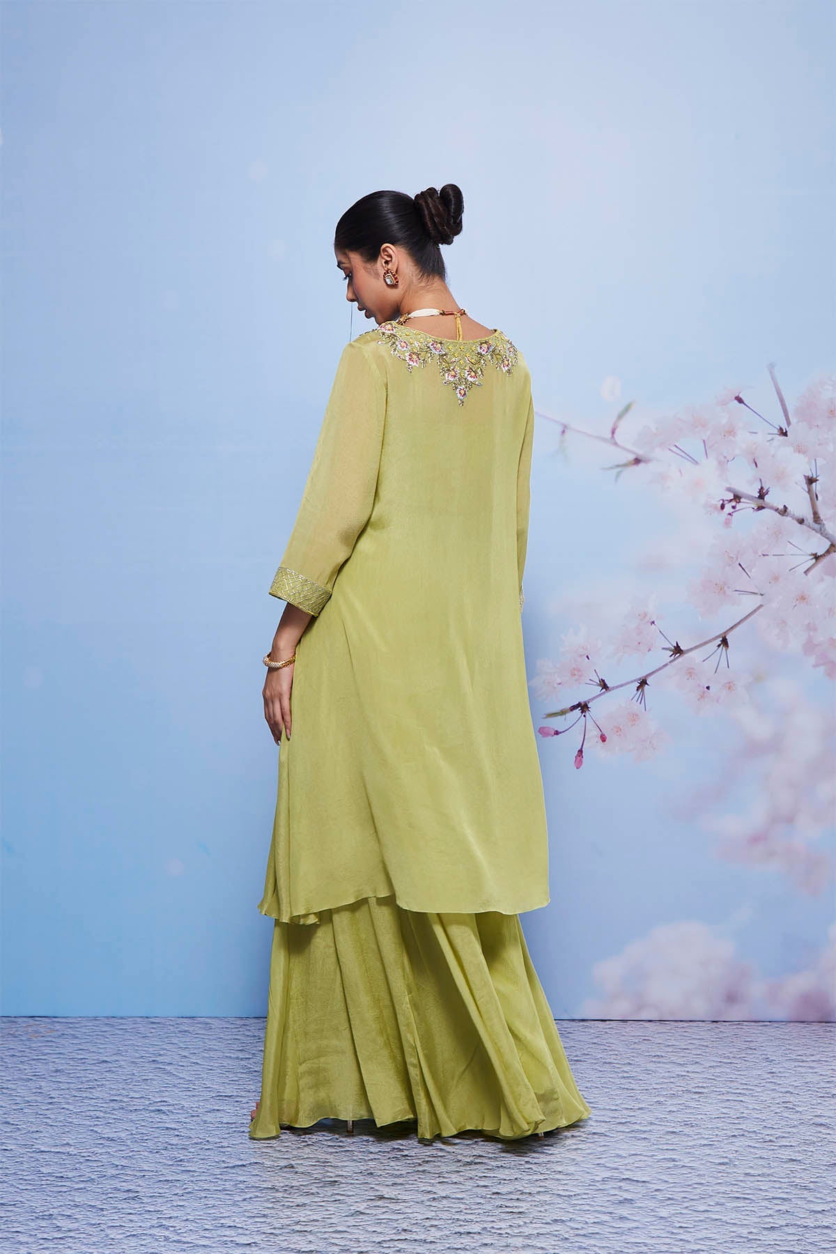 Mint Asymmetrical Chiffon Kurta with Sharara and Embroidered Bustier
