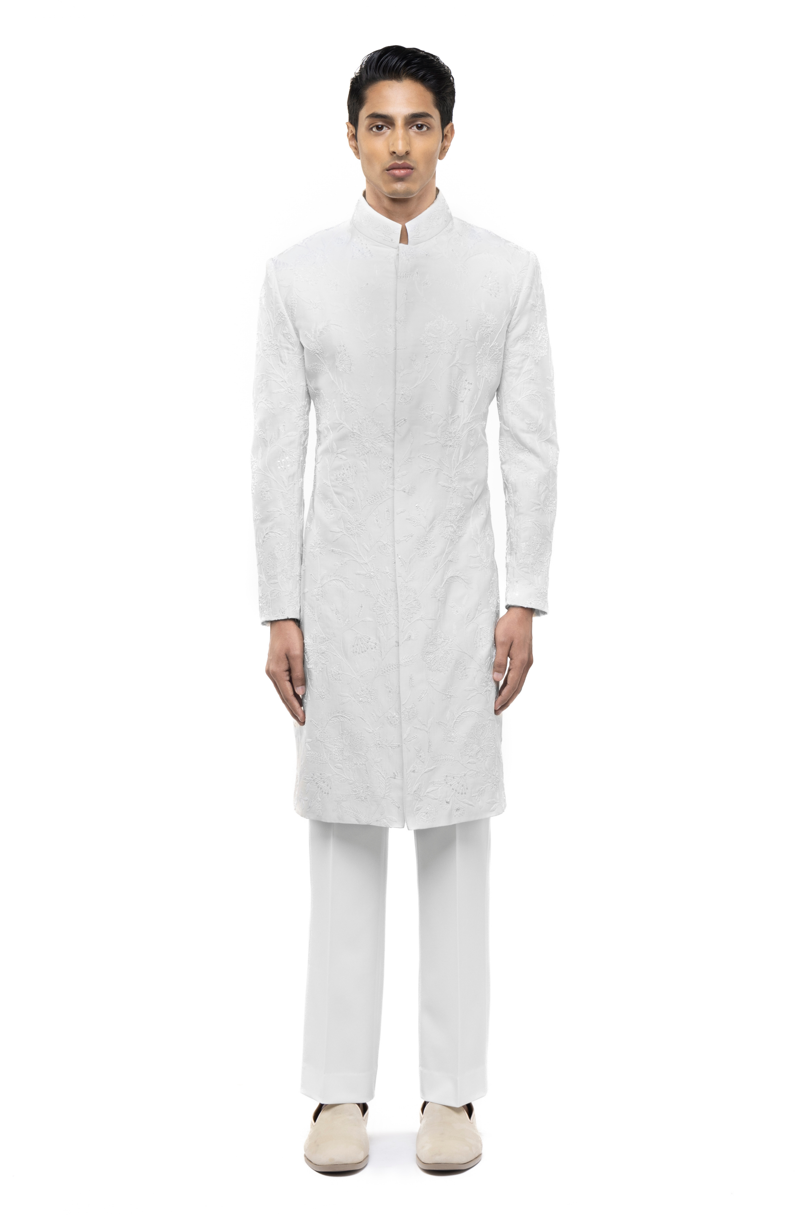White Silk Floral Embroidery Sherwani Set