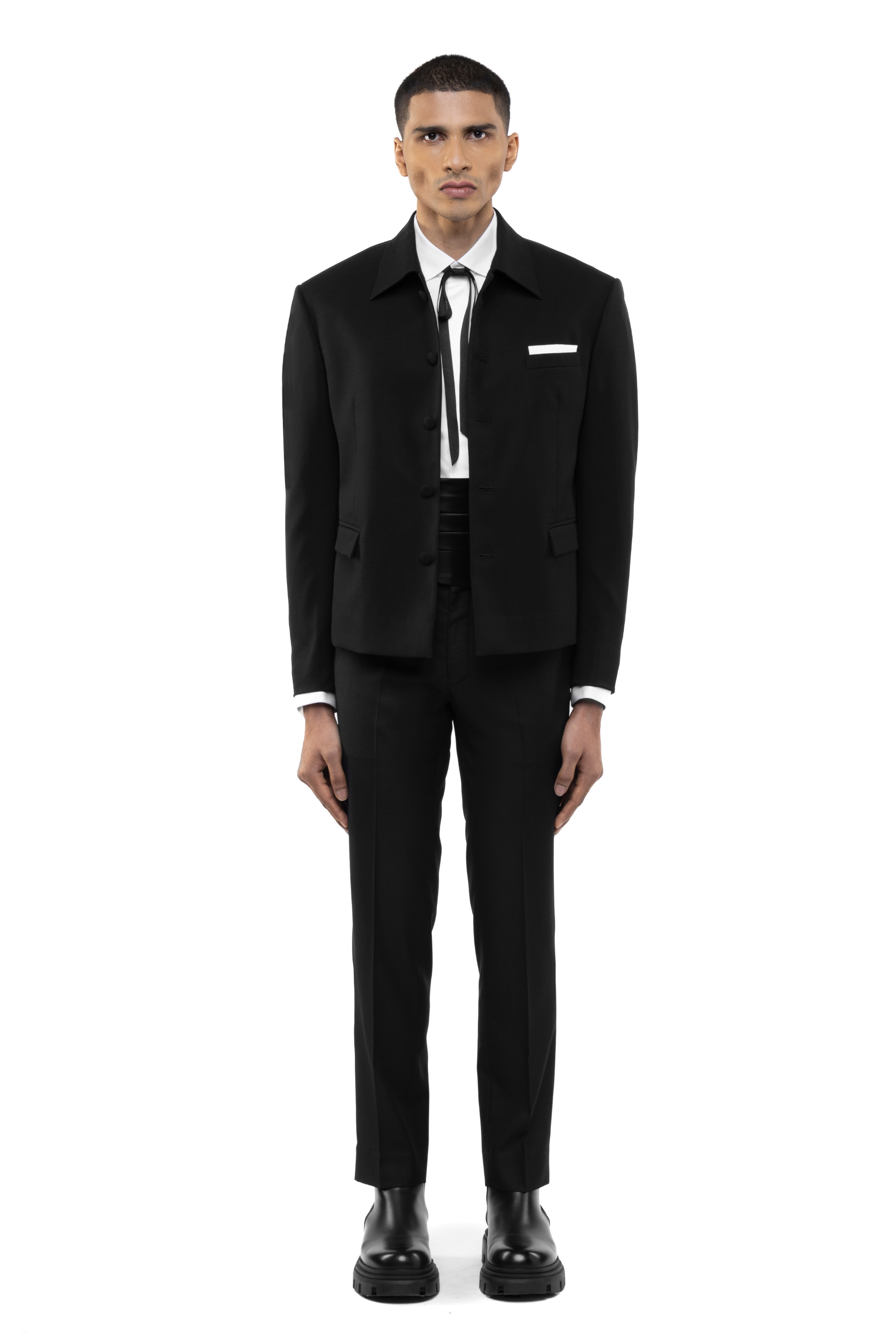 Black Worsted Wool Open Jacket