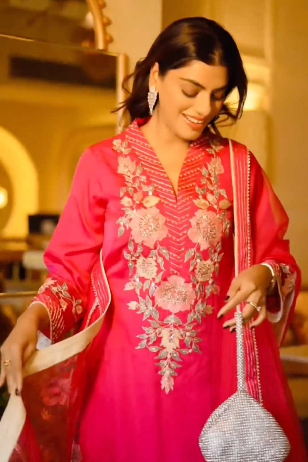 Rani Pink Silk Embroidered Kurta Set with Organza Dupatta