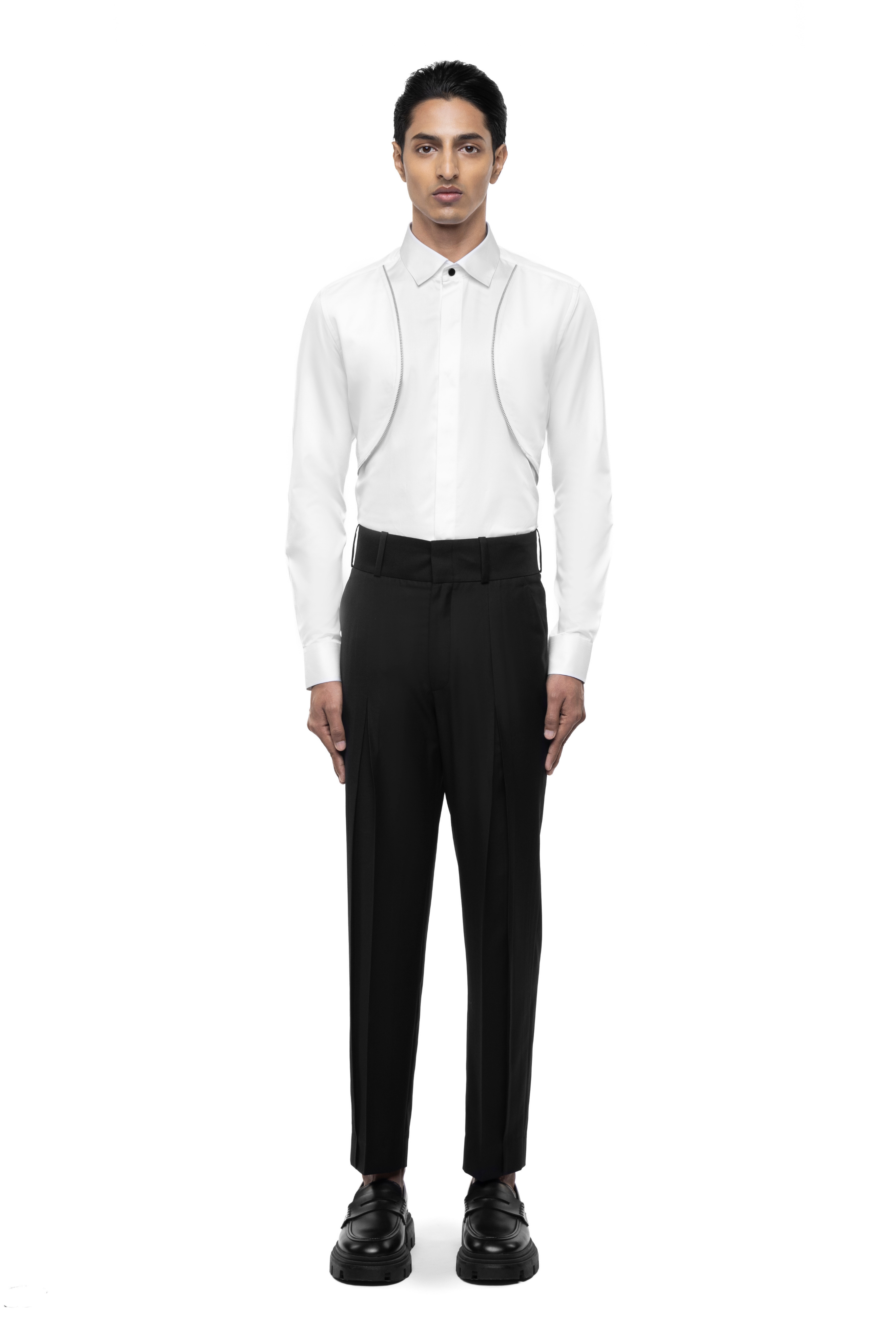 White Cotton Shirt with Open Curved Zip Panel