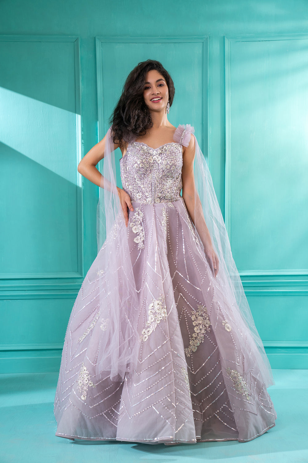 Dreamy Lilac Sequins Embroidered Flared Gown - Auraya Fashion - Riyaasat - #tag1# - #tag2# - #tag3# - #tag3#