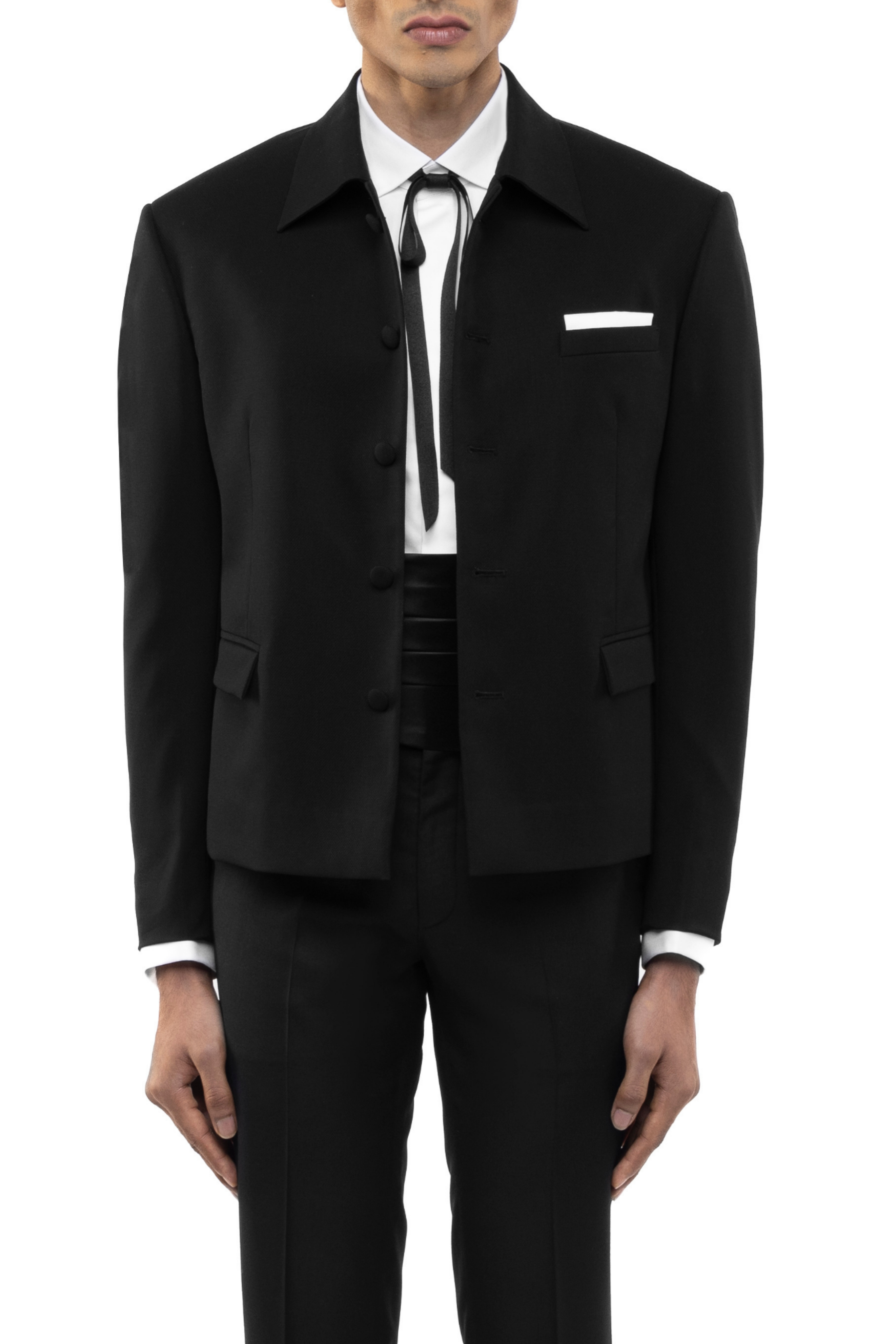 Black Worsted Wool Open Jacket