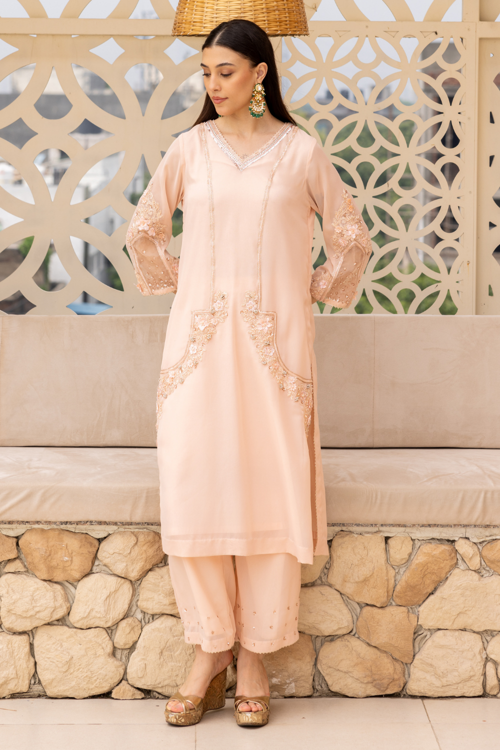 Peach Bhavya Embroidered Georgette Kurta Set with Plazzo