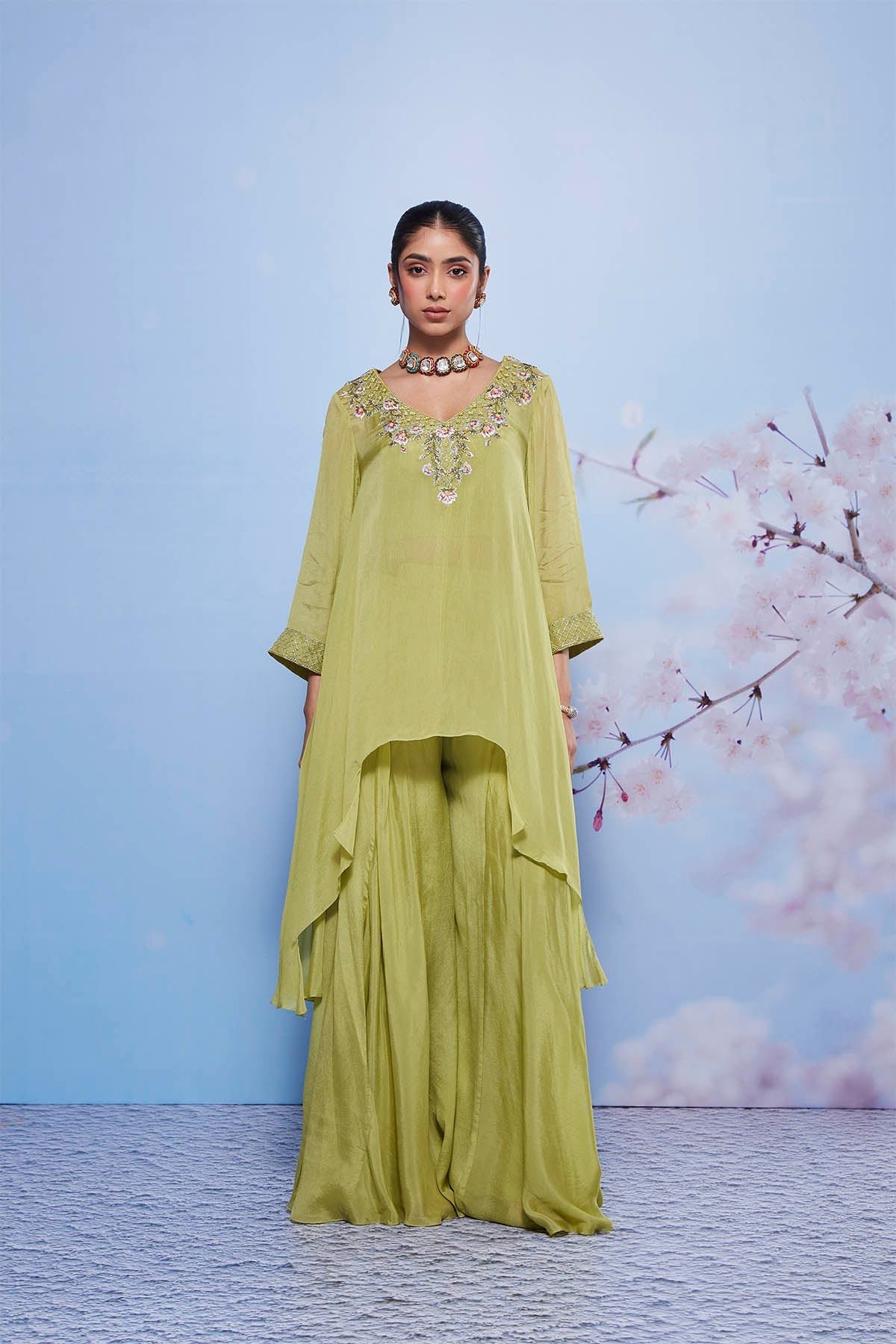 Mint Asymmetrical Chiffon Kurta with Sharara and Embroidered Bustier