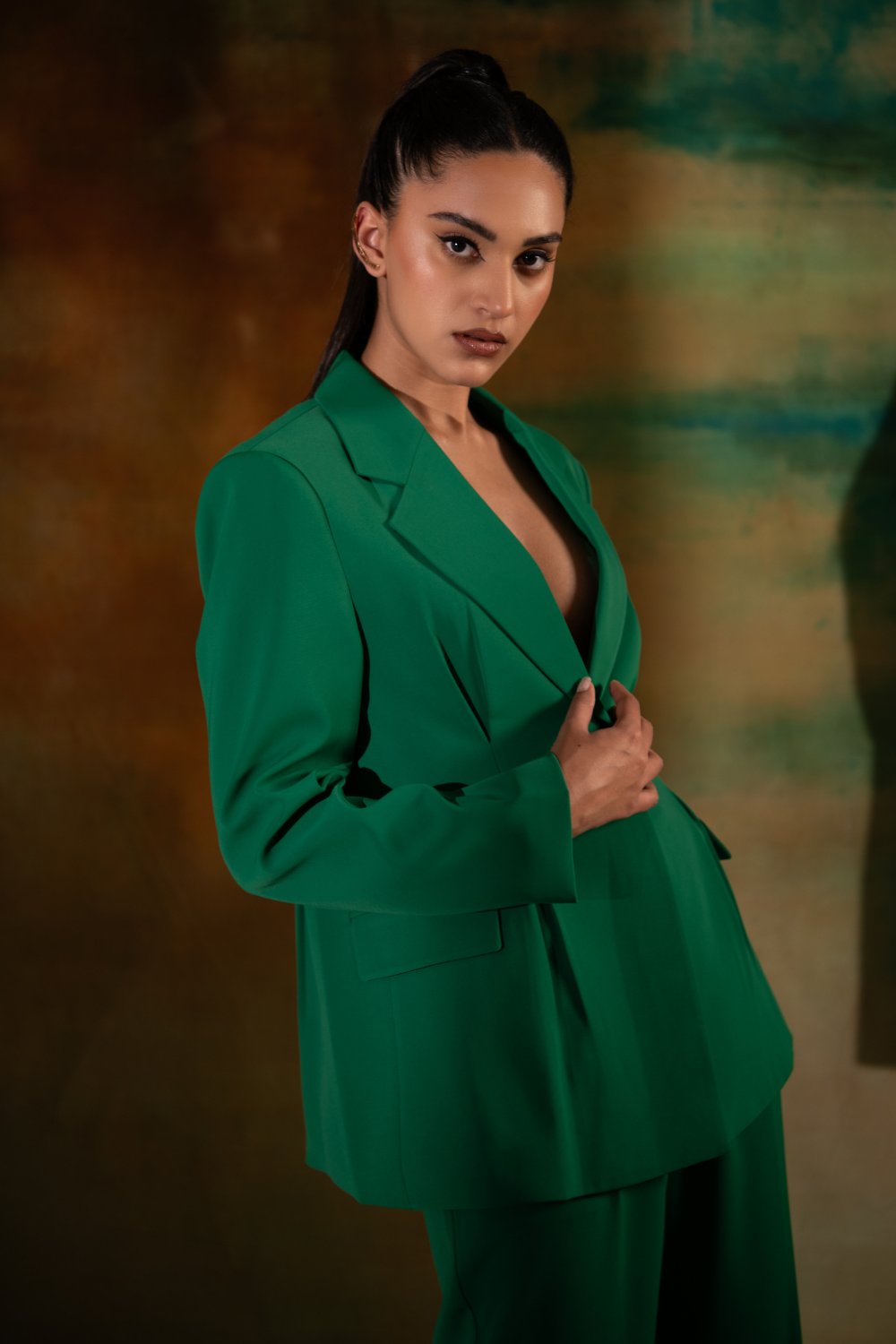 Grace Green Silk Crepe Co-ord Set with Power Shoulders