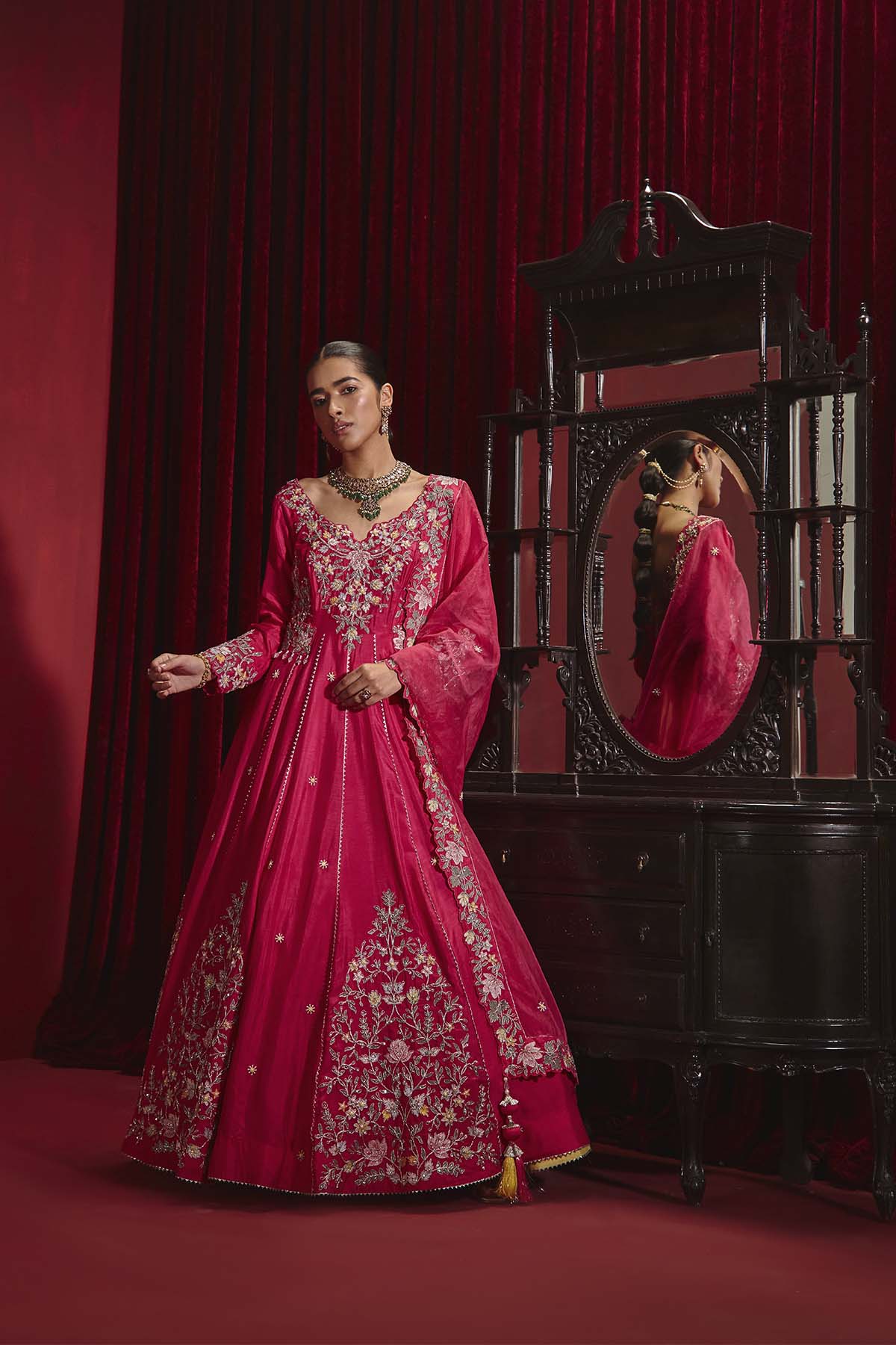 Rani Pink Embroidered Dupion Silk Anarkali Set for Weddings