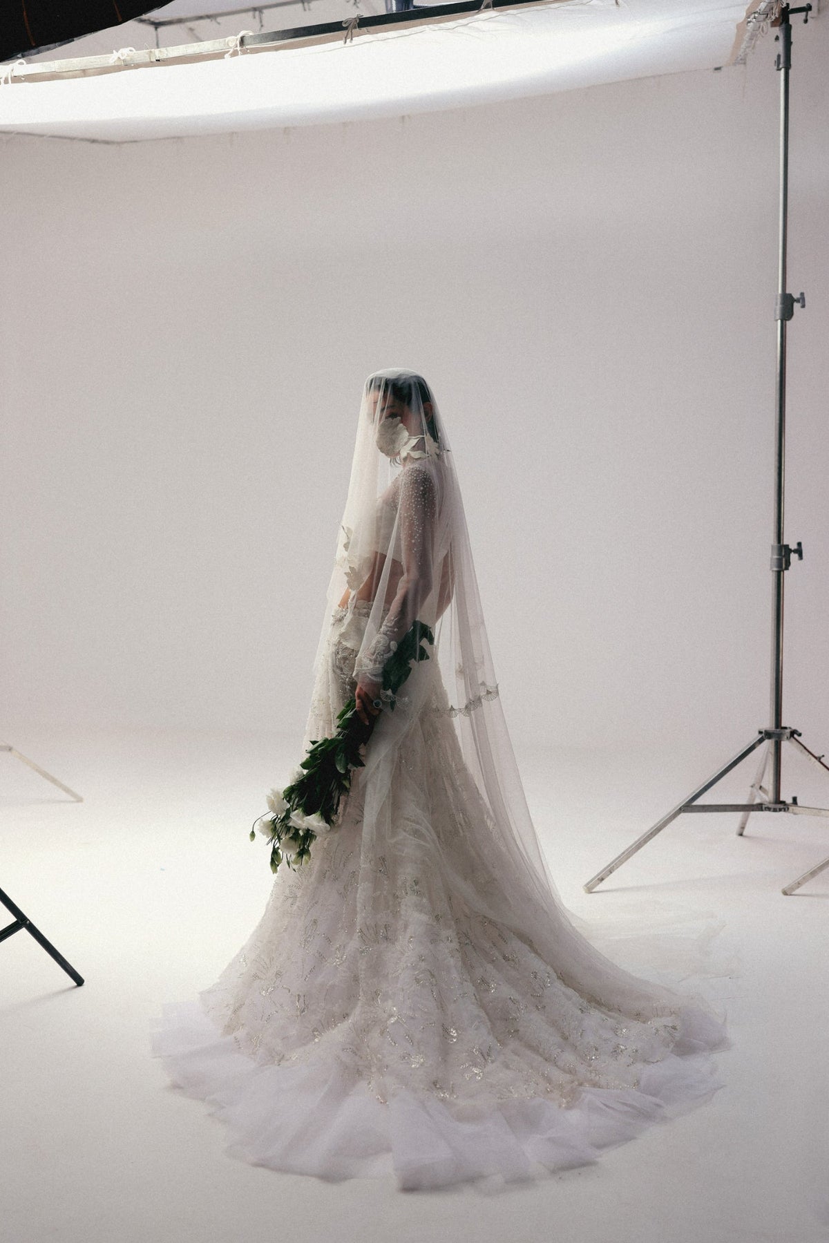 Pearl & Zardosi Embroidery, Tulle & French Lace with Silk, Skirt Set, Full Sleeve Blouse Silhouette