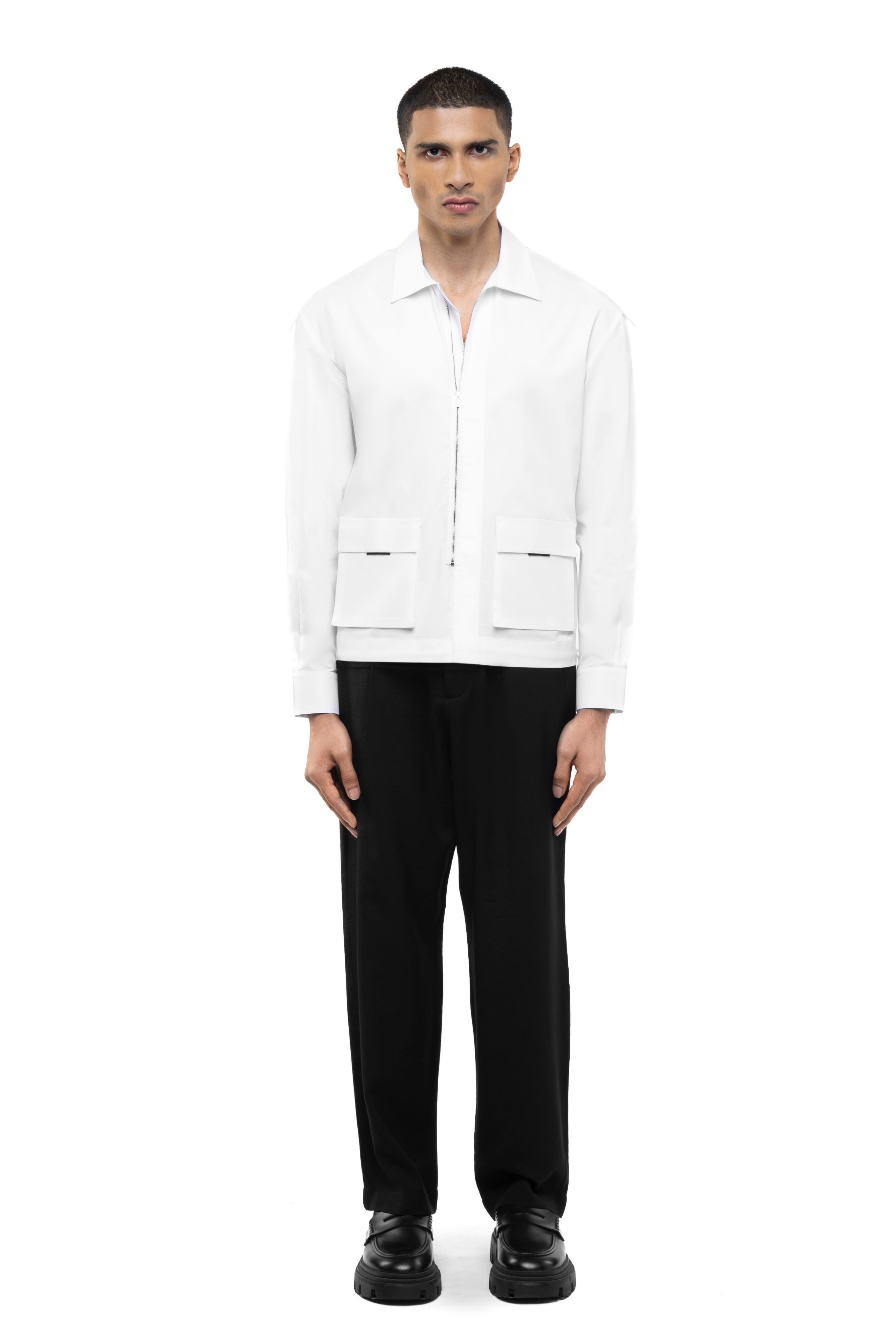 White Cotton Elastane Shacket with Zip & Patch Pockets