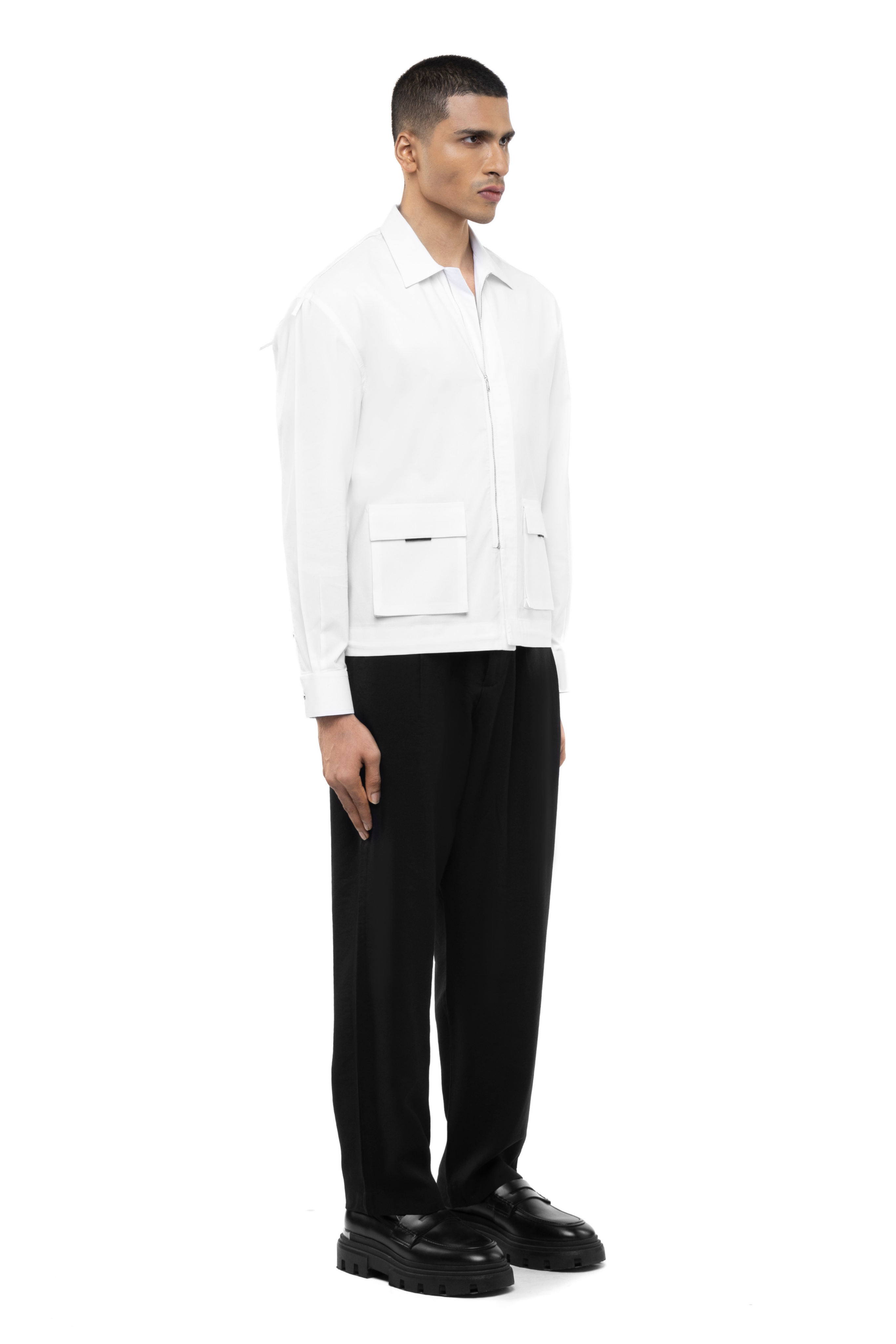 White Cotton Elastane Shacket with Zip & Patch Pockets