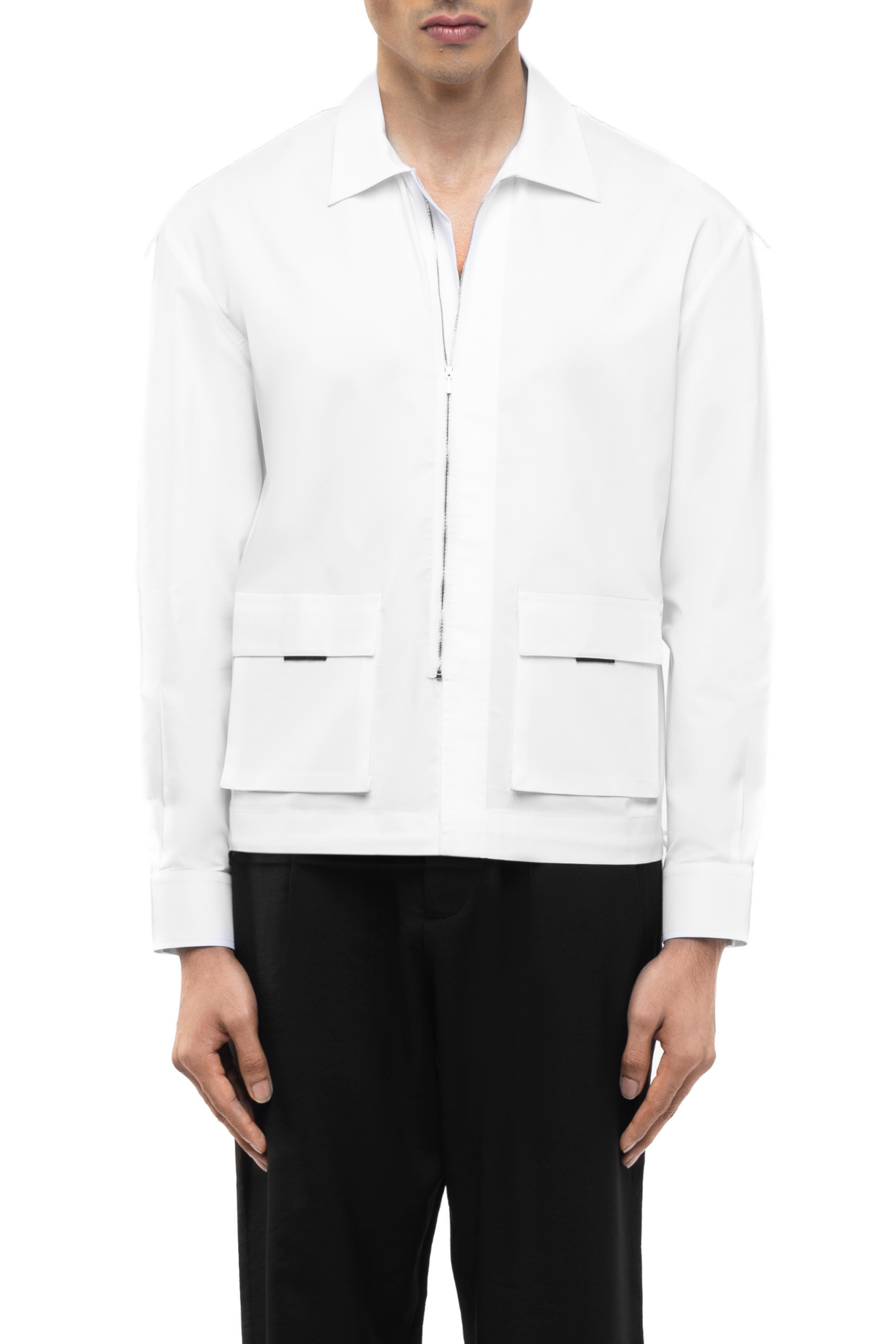 White Cotton Elastane Shacket with Zip & Patch Pockets