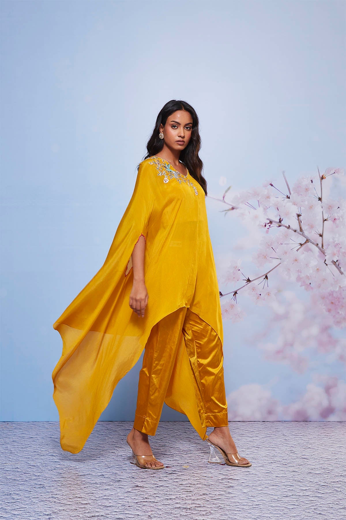 Mustard Embroidered Asymmetrical Cape Set with Cigarette Pants