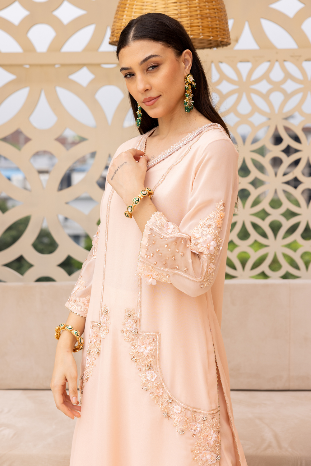 Peach Bhavya Embroidered Georgette Kurta Set with Plazzo