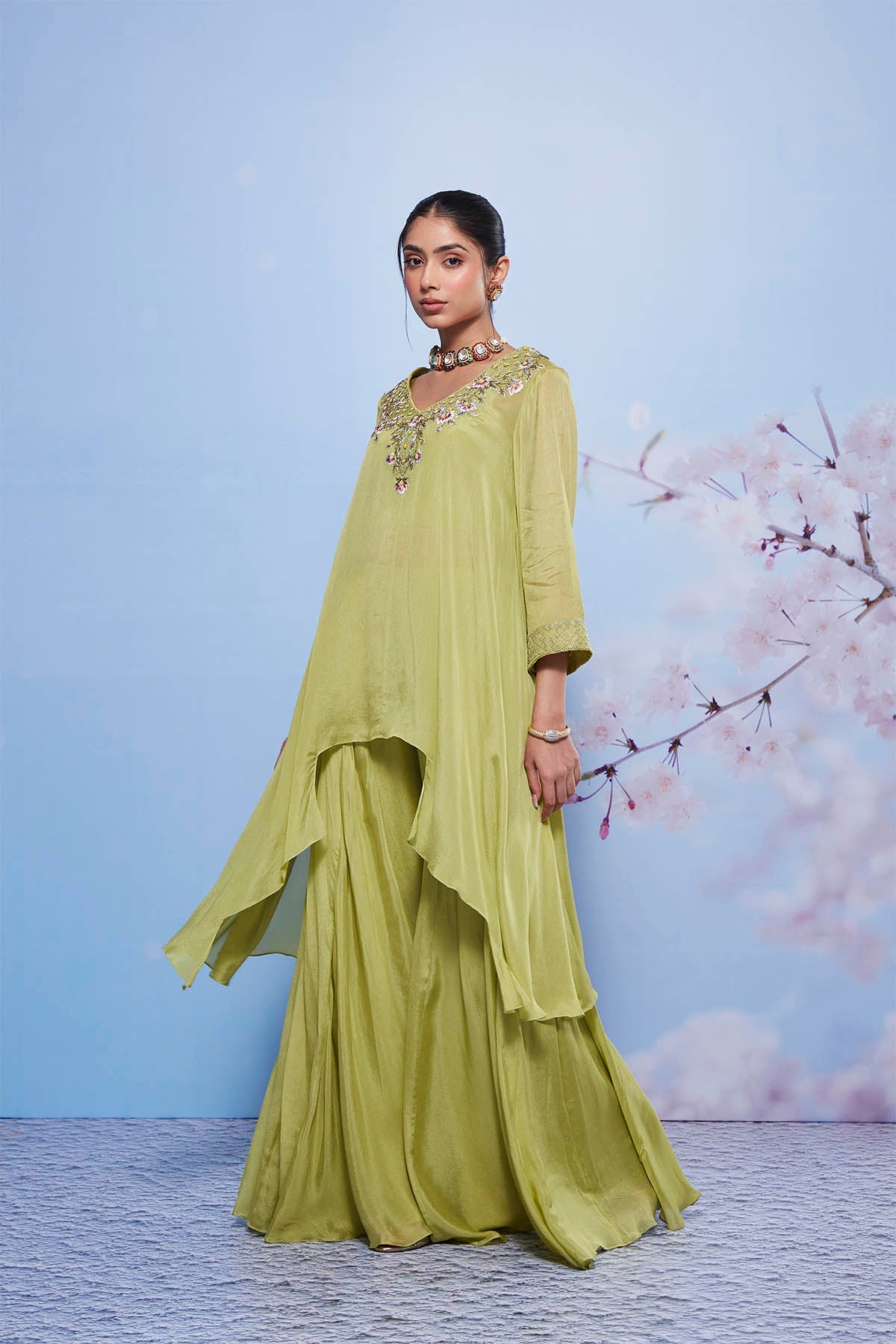 Mint Asymmetrical Chiffon Kurta with Sharara and Embroidered Bustier