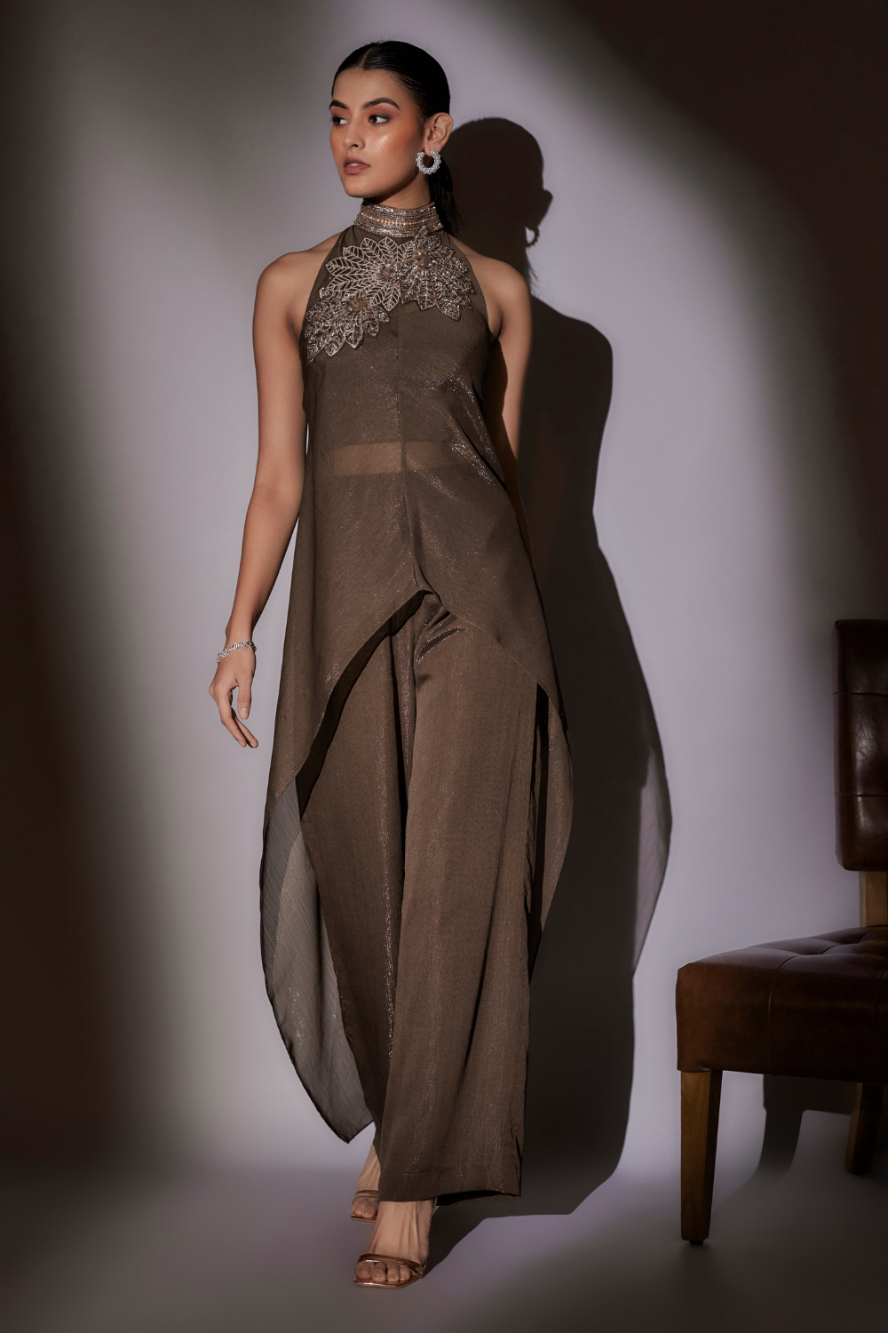 Coffee Myra Cape Set with Fluid Satin Halter Cape & Hipster Pants