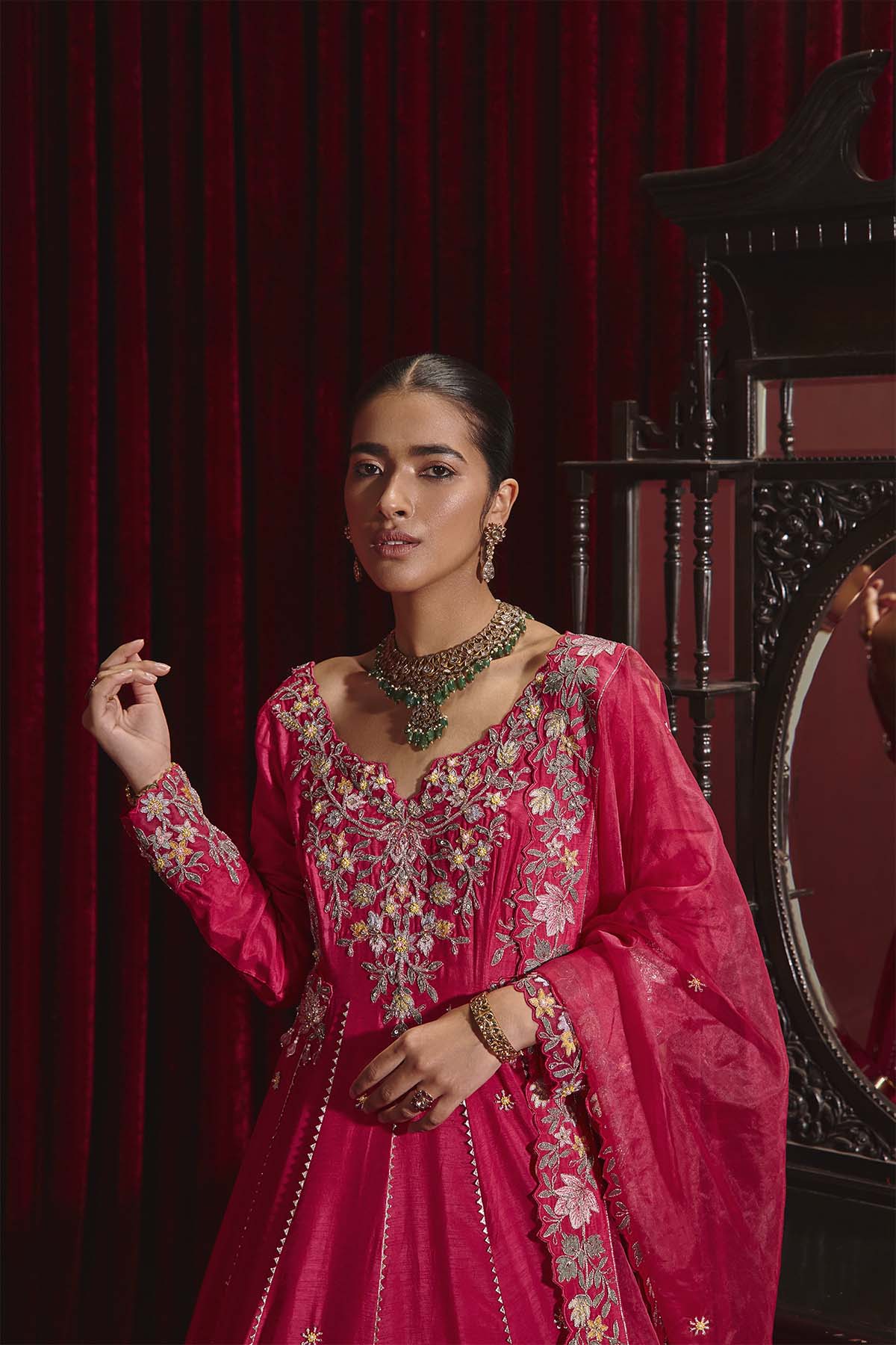 Rani Pink Embroidered Dupion Silk Anarkali Set for Weddings