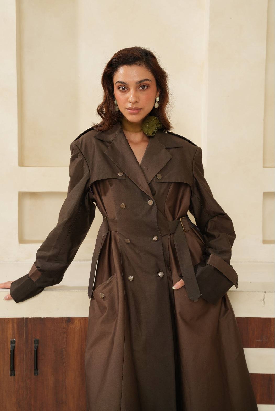 Brown Cotton Satin Jacket Dress - Elegant Structured Midi Dress