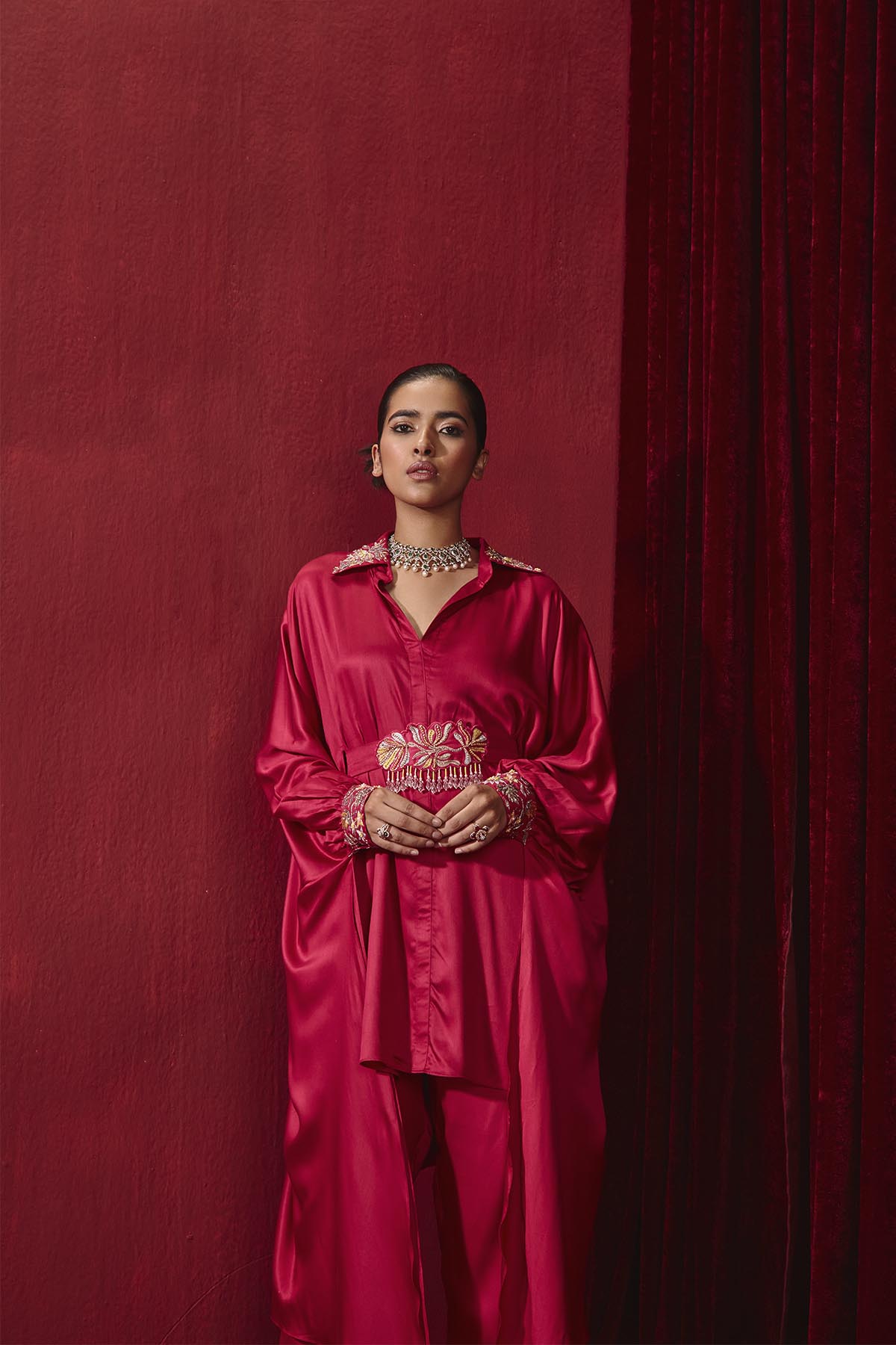 Fiza Rani Embroidered Modal Silk Oversized Shirt and Pants Set