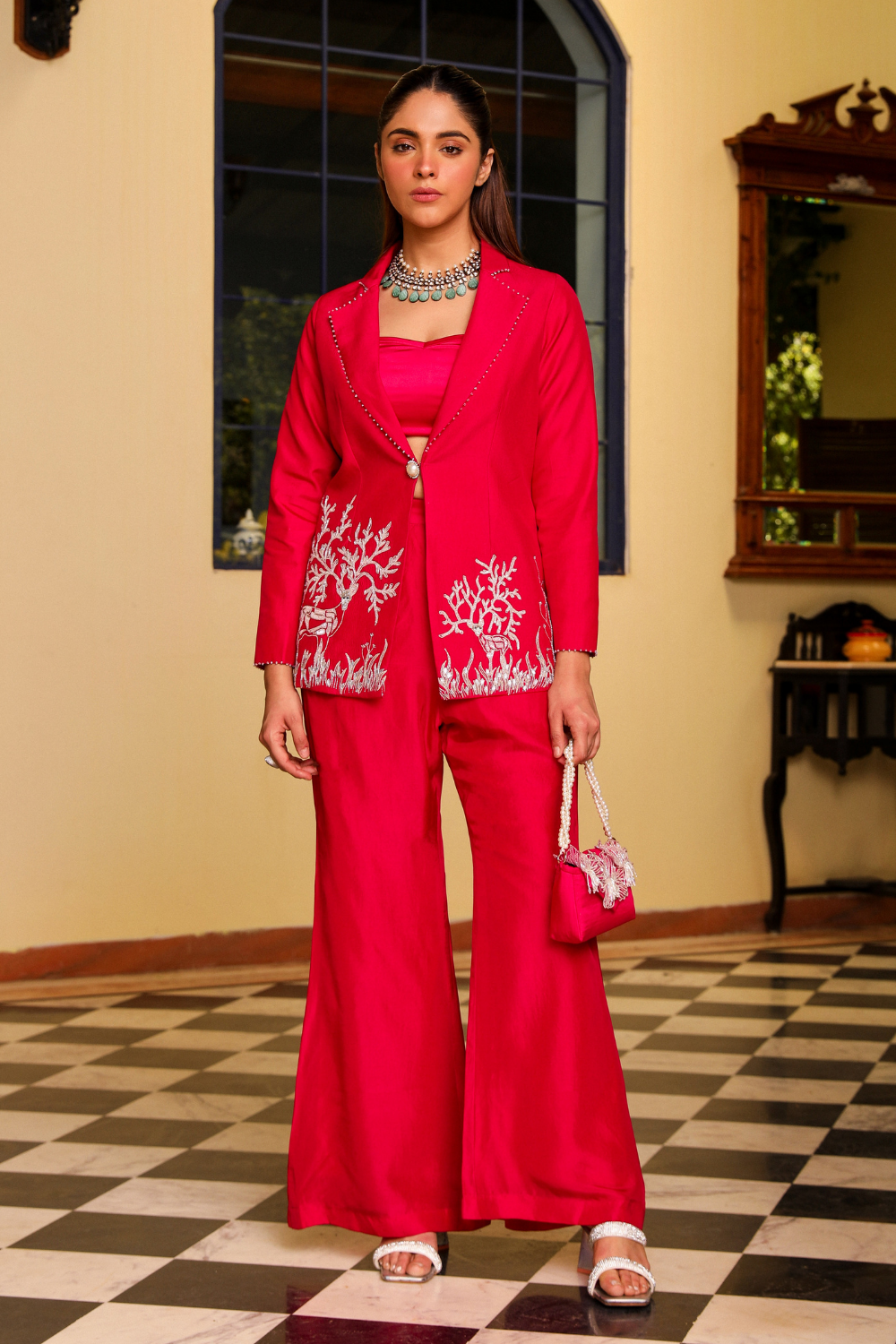 Vaani Rani Pink Upada Silk Co-ord Set with Crystal Deer Embroidery