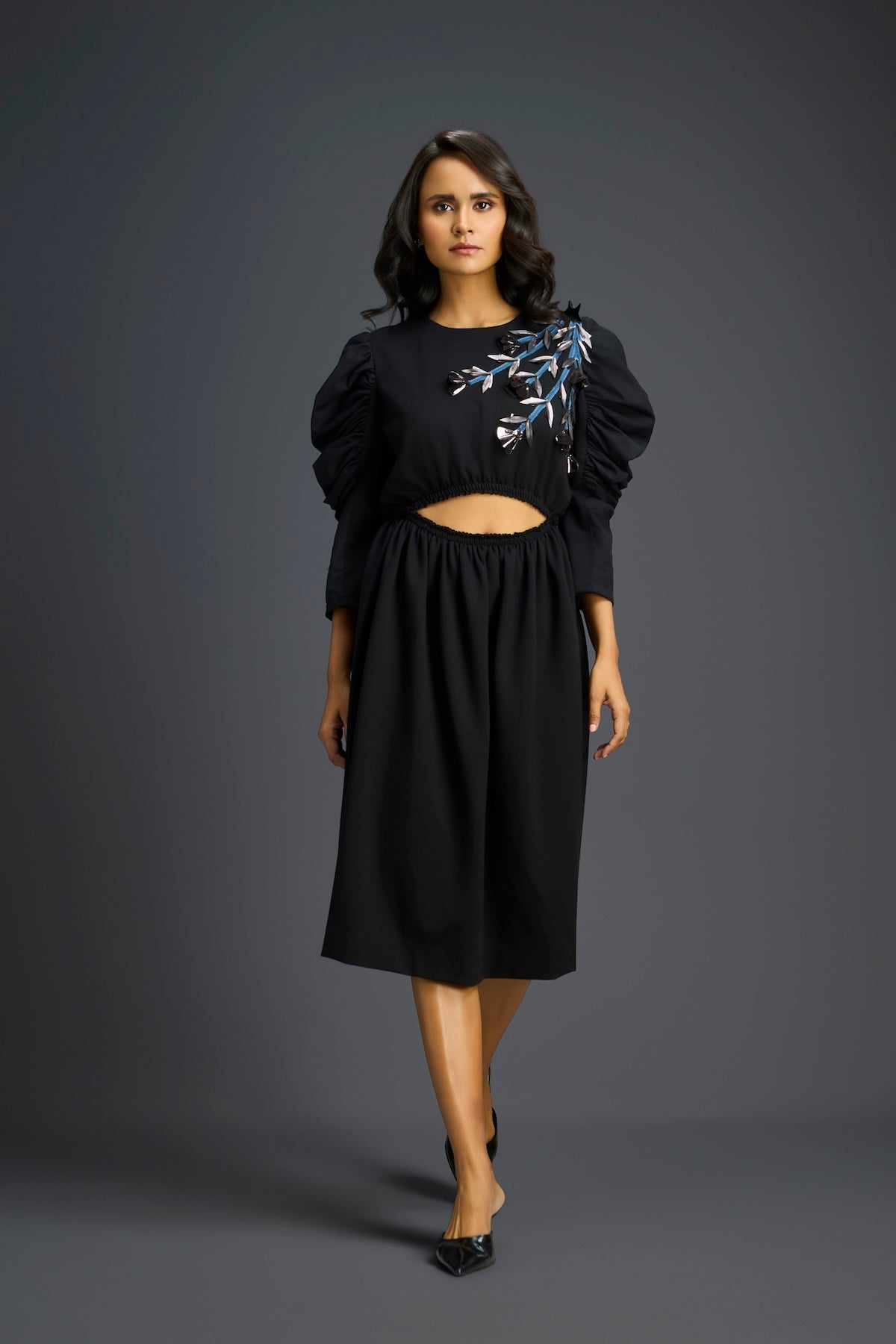 Black Midriff Cut-Out Floral Embroidered Dress