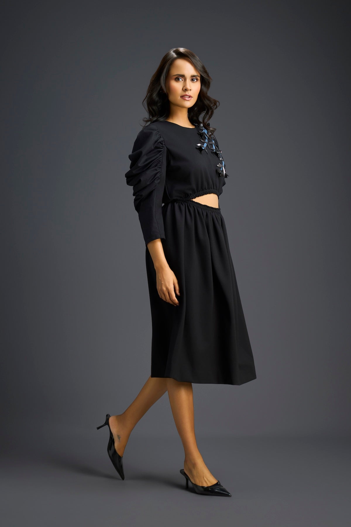 Black Midriff Cut-Out Floral Embroidered Dress