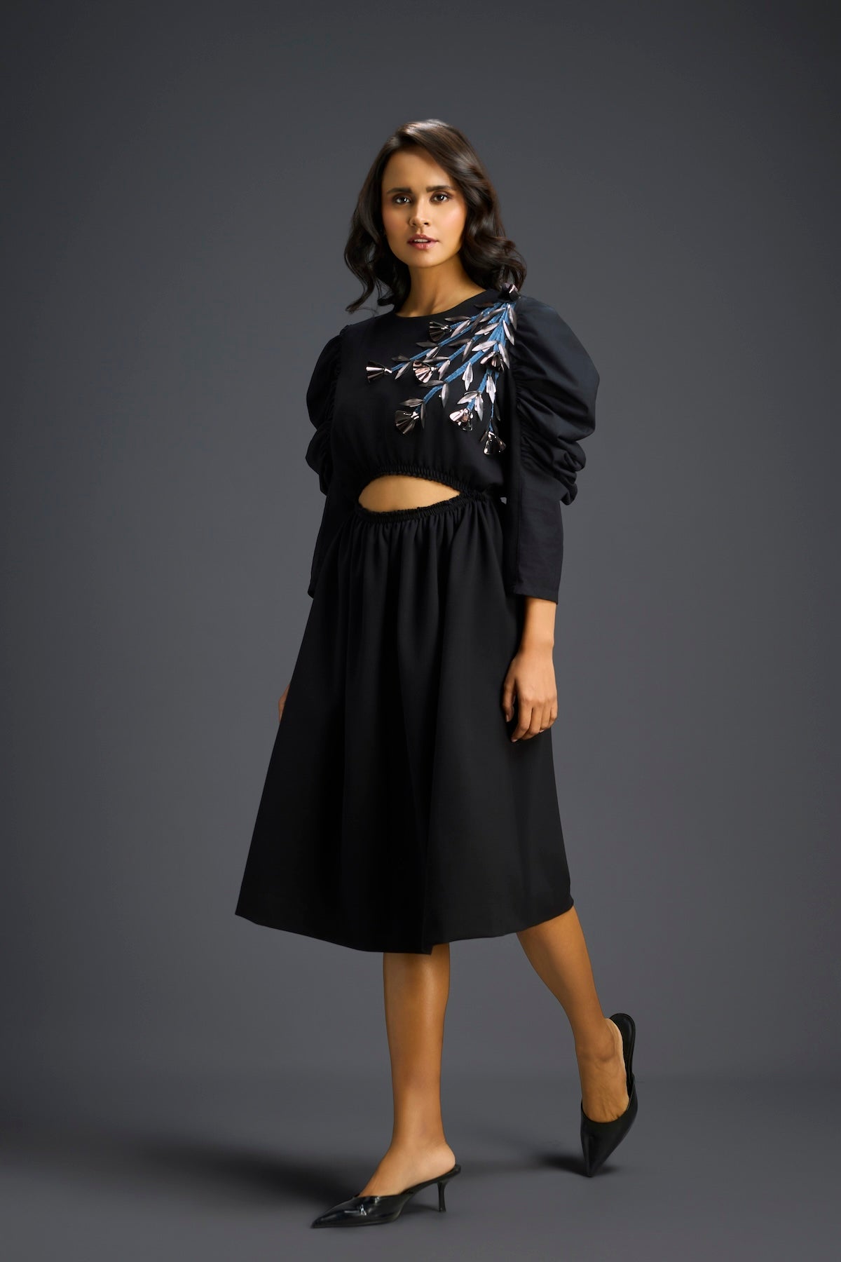 Black Midriff Cut-Out Floral Embroidered Dress