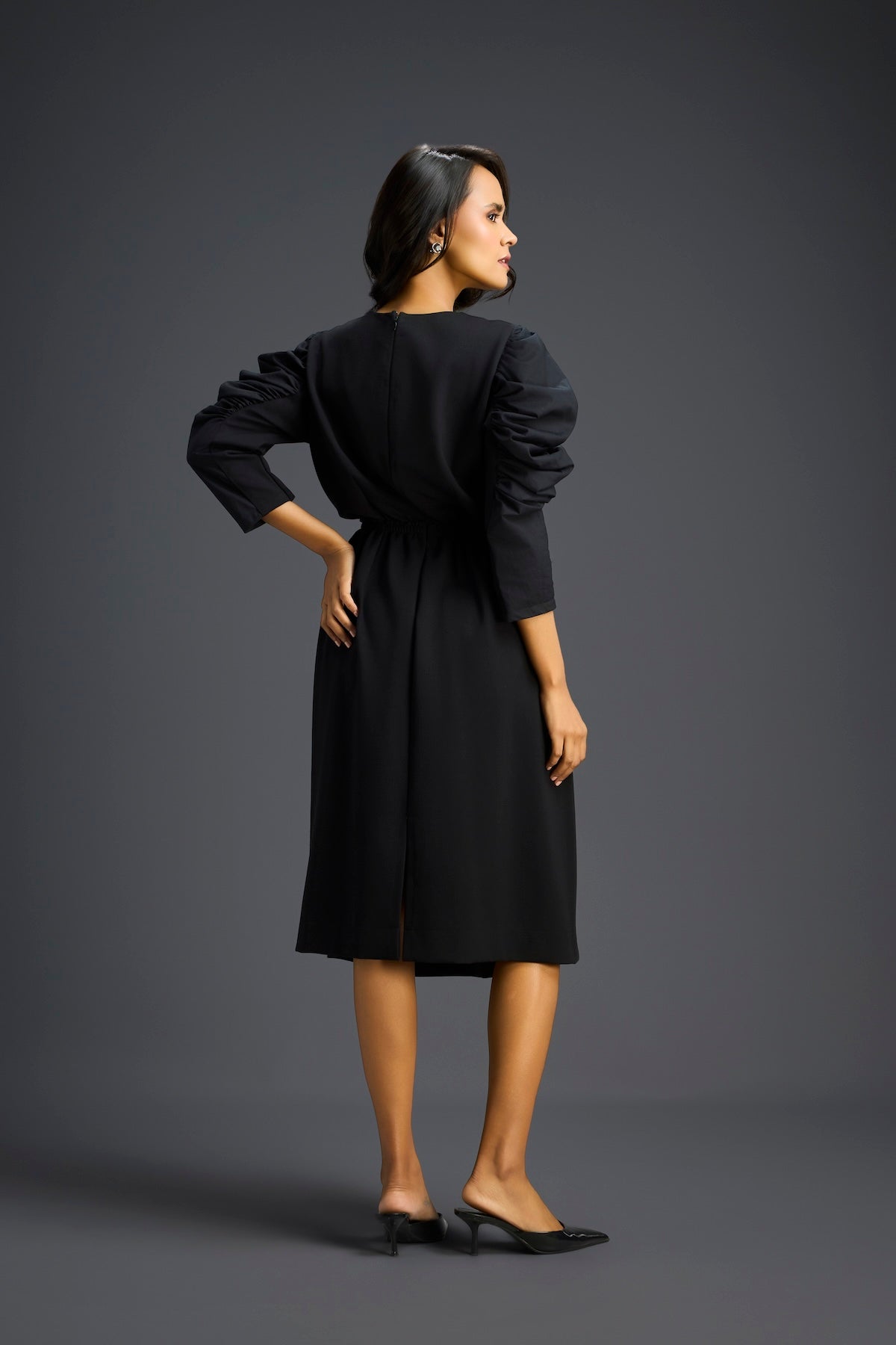 Black Midriff Cut-Out Floral Embroidered Dress