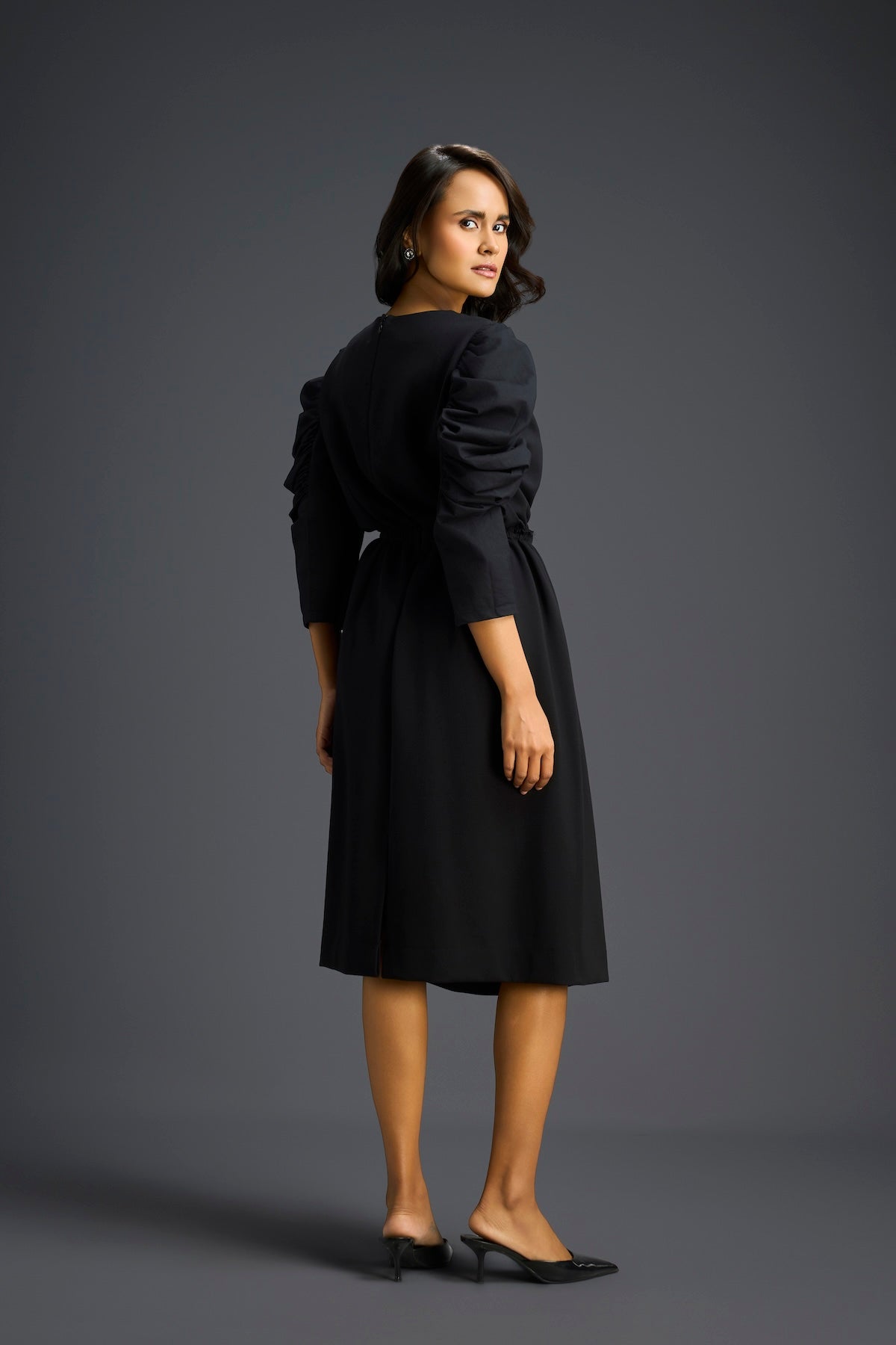 Black Midriff Cut-Out Floral Embroidered Dress