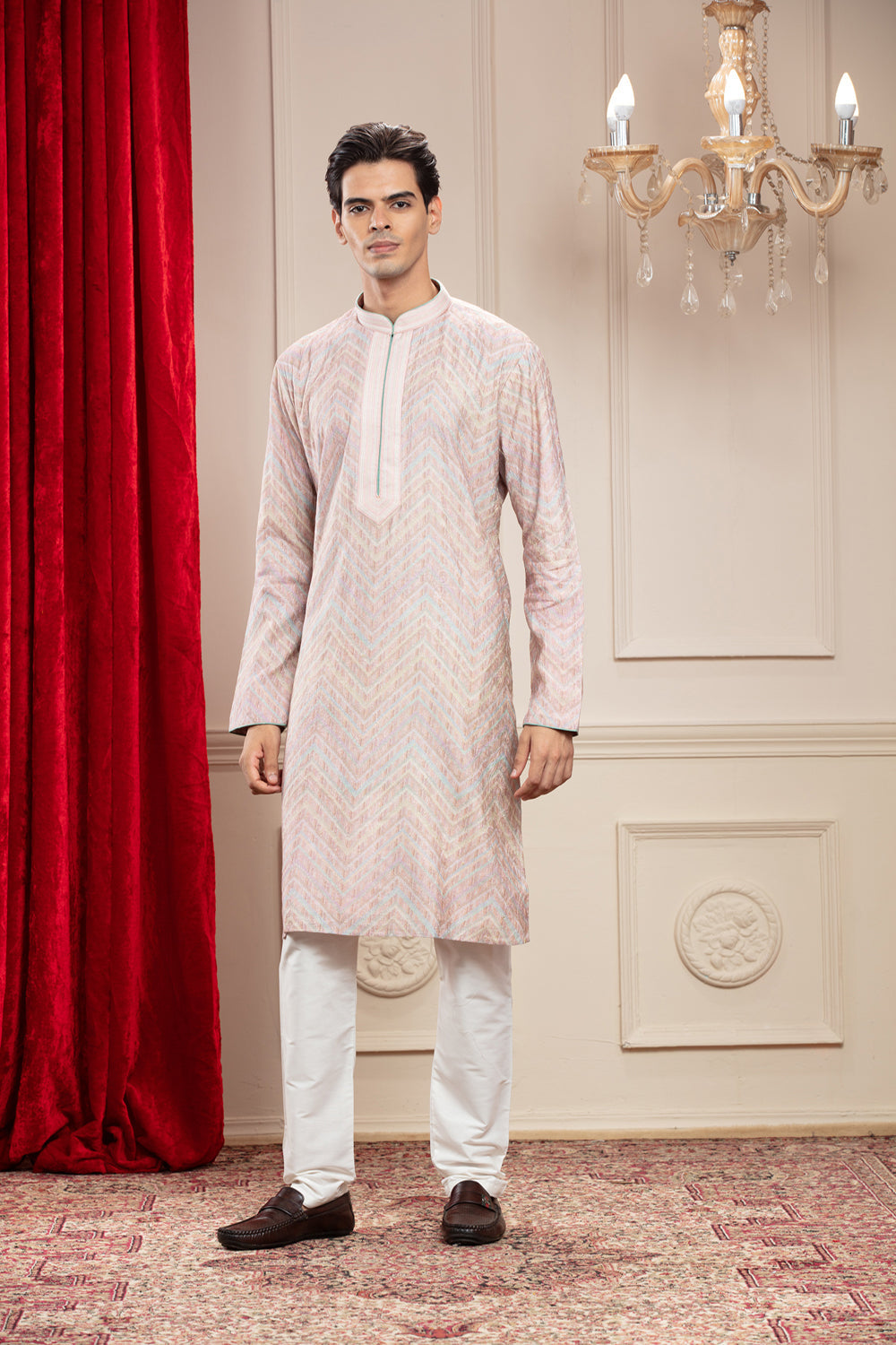 Carnation Pink Banarasi Kurta Pajama With Thread Embroidery