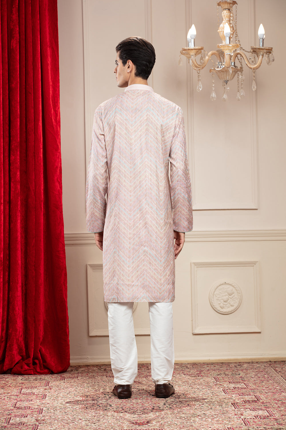 Carnation Pink Banarasi Kurta Pajama With Thread Embroidery