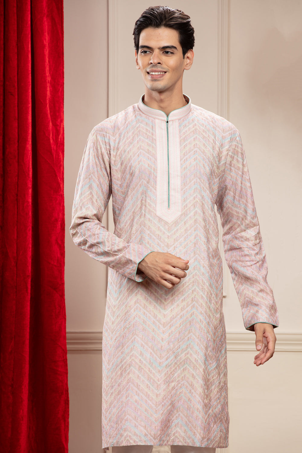 Carnation Pink Banarasi Kurta Pajama With Thread Embroidery