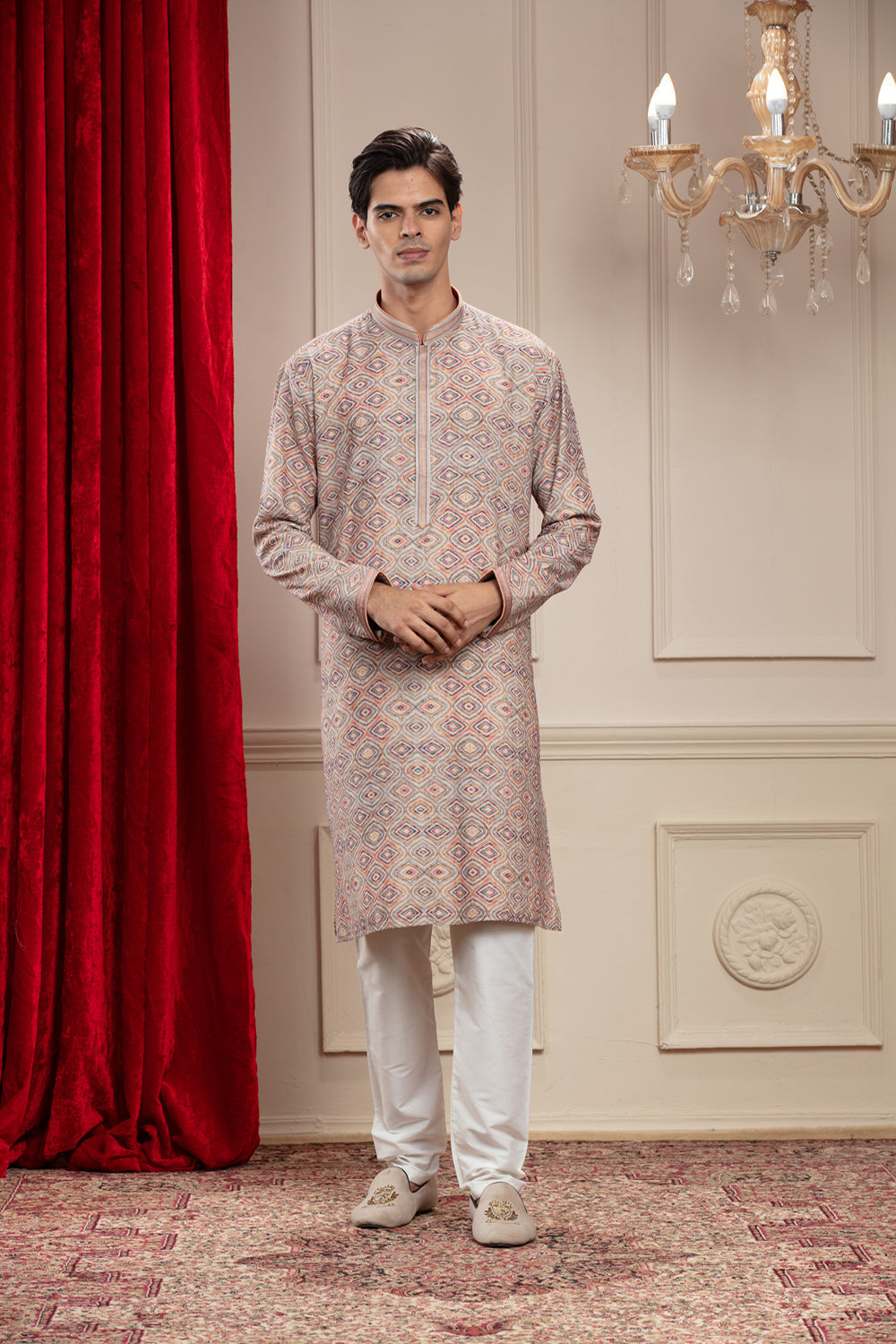 Multicoloured Banarasi Kurta Pajama With Thread Embroidery