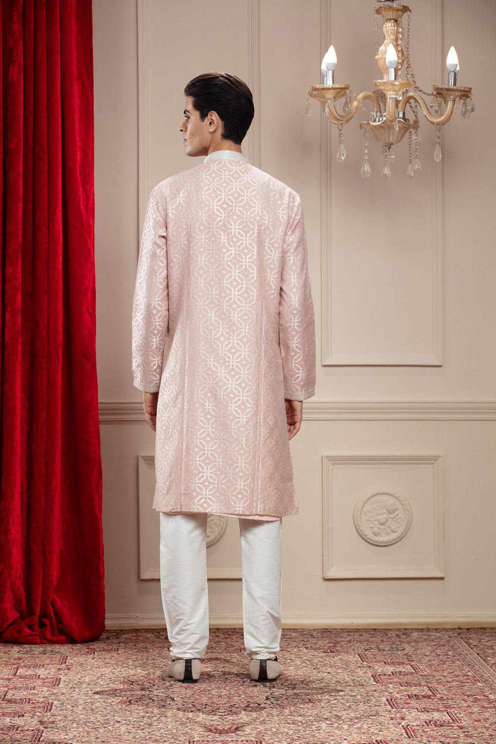 Blush Pink Banarasi Printed Silk Kurta Pajama Set