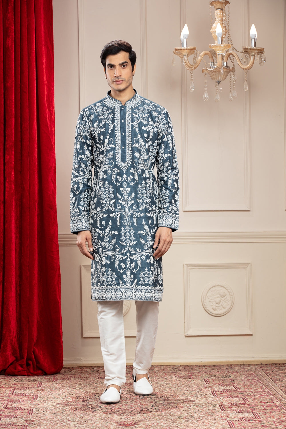 French Blue Banarasi Silk Kurta Pajama Set With All Over White Thread Work