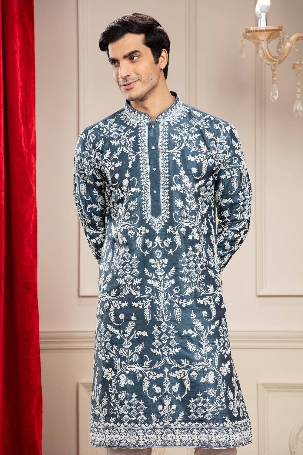 French Blue Banarasi Silk Kurta Pajama Set With All Over White Thread Work