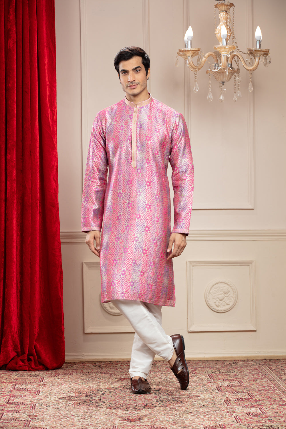 Flamingo Pink Printed Banarasi Silk Kurta Pajama Set