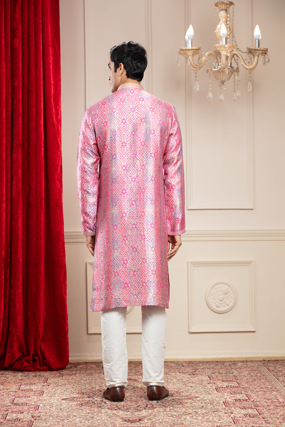 Flamingo Pink Printed Banarasi Silk Kurta Pajama Set