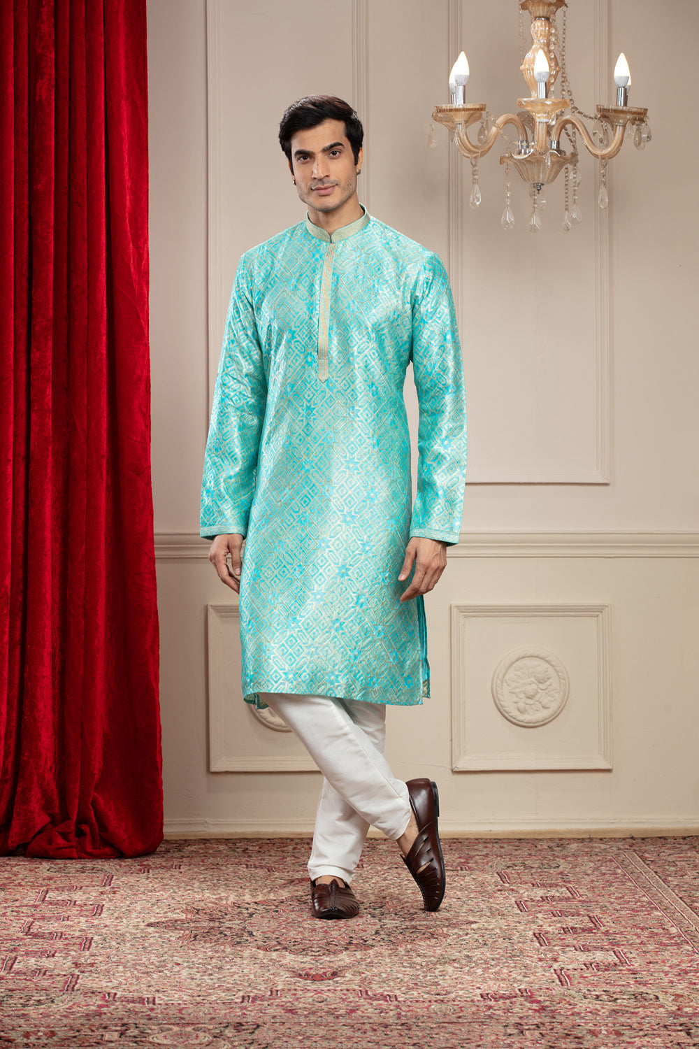 Ultramarine Green Banarasi Kurta Pajama With Thread Embroidery