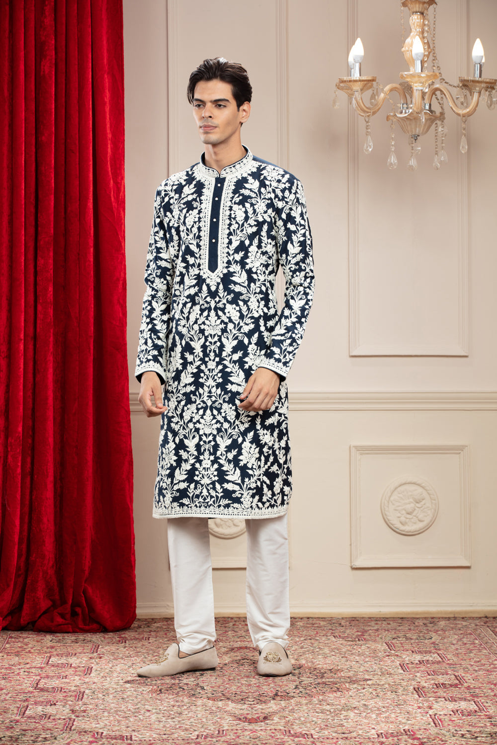 Deep Blue Banarasi Silk Kurta Pajama Set With All Over White Thread Work