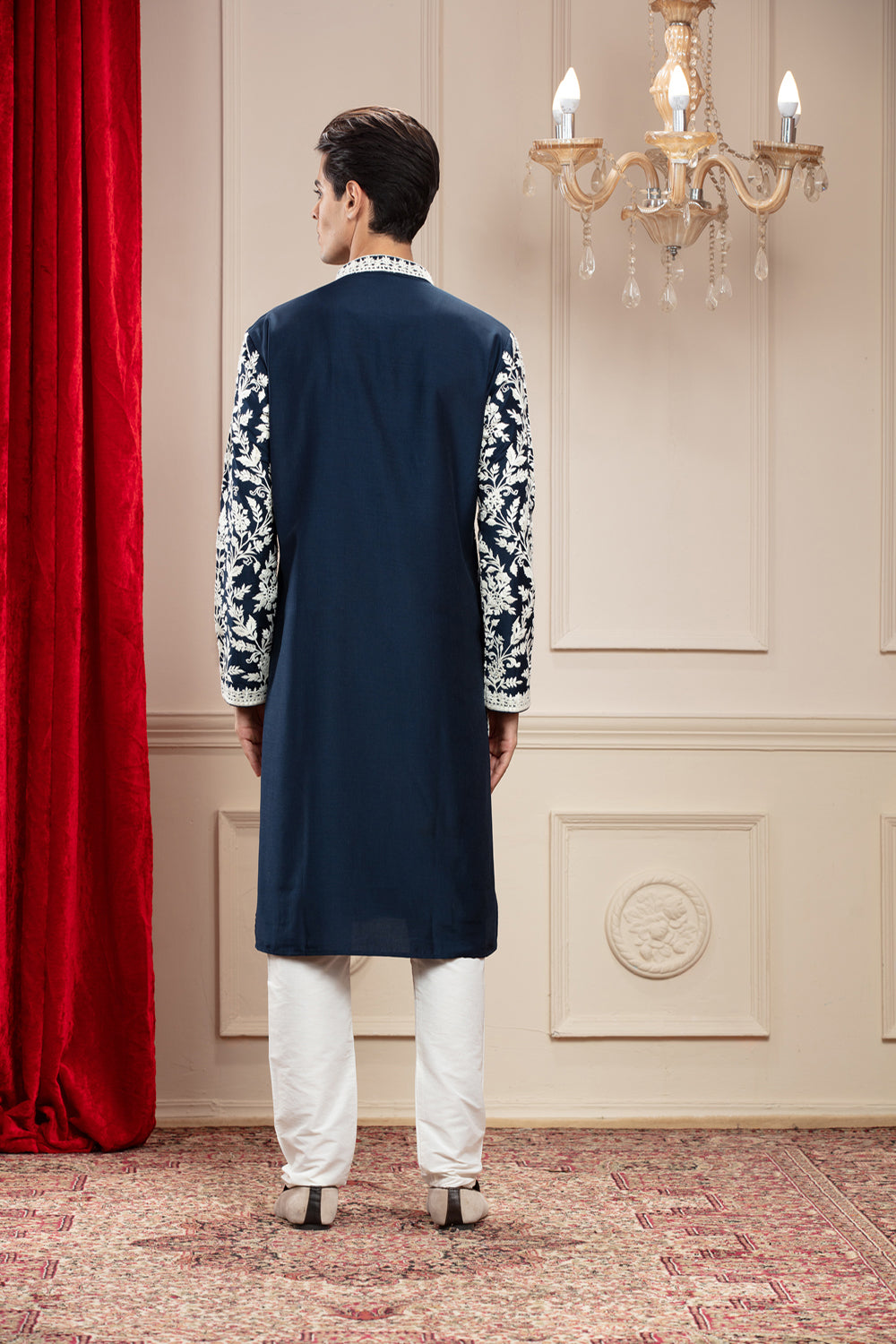 Deep Blue Banarasi Silk Kurta Pajama Set With All Over White Thread Work