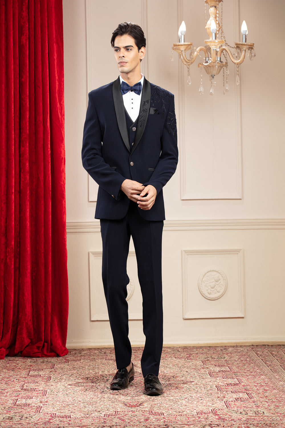 Midnight Blue Tuxedo With Hand Embroidery And Bow Tie